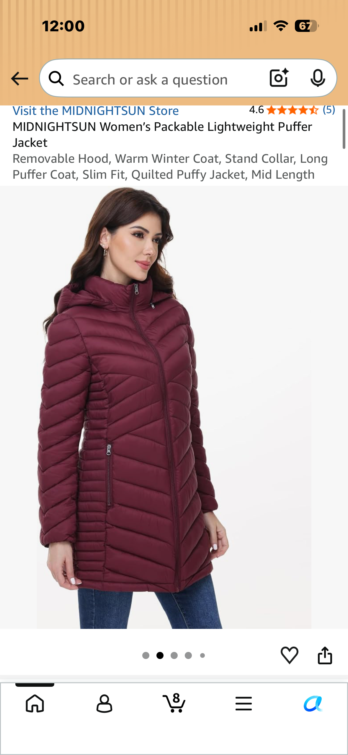 MIDNIGHTSUN Women’s Packable Lightweight Puffer Jacket Removable Hood, Warm Winter Coat, Stand Collar, Long Puffer Coat, Slim Fit, Quilted Puffy Jacket, Mid Length (Size Large)