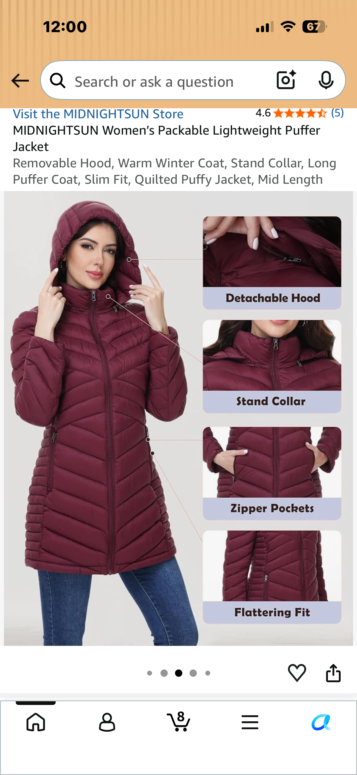 MIDNIGHTSUN Women’s Packable Lightweight Puffer Jacket Removable Hood, Warm Winter Coat, Stand Collar, Long Puffer Coat, Slim Fit, Quilted Puffy Jacket, Mid Length (Size Large)