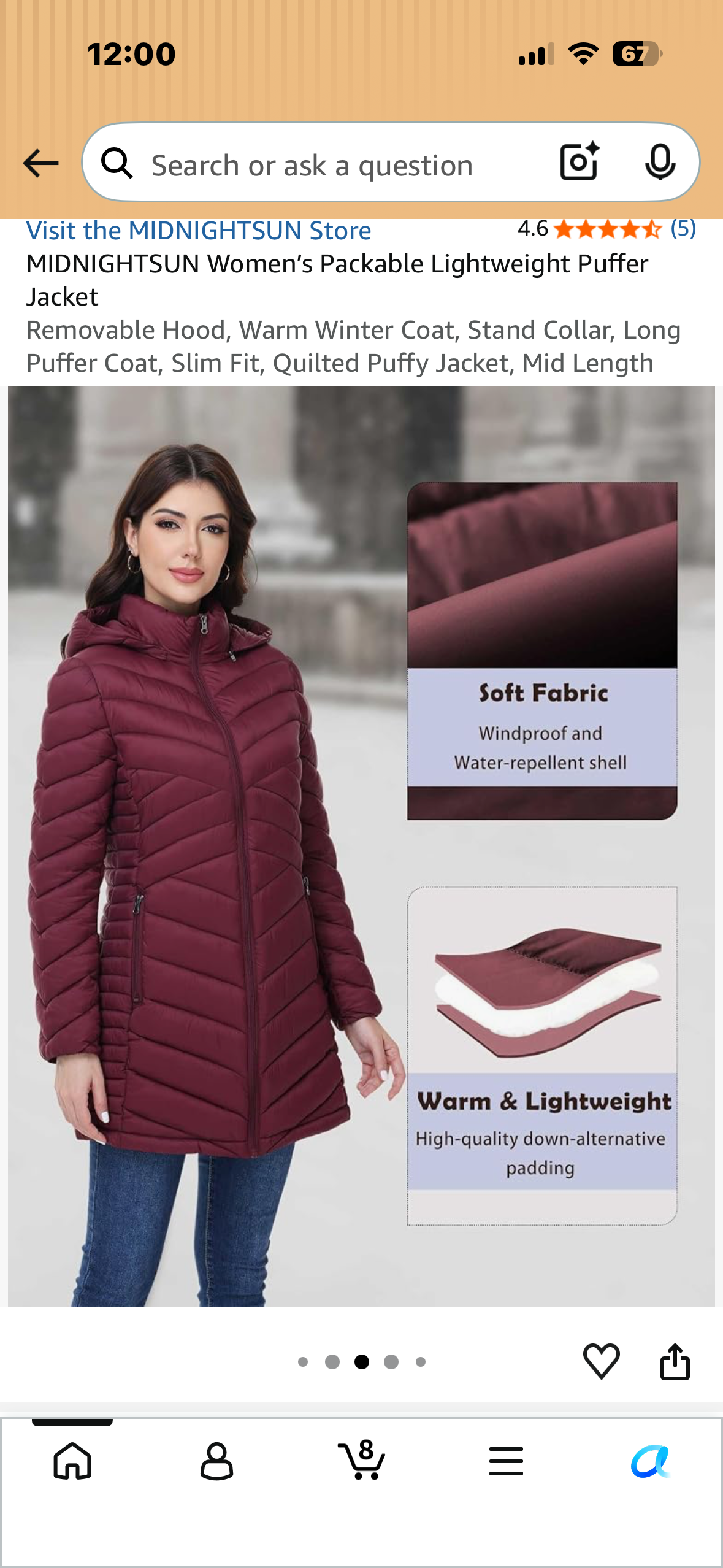MIDNIGHTSUN Women’s Packable Lightweight Puffer Jacket Removable Hood, Warm Winter Coat, Stand Collar, Long Puffer Coat, Slim Fit, Quilted Puffy Jacket, Mid Length (Size Large)