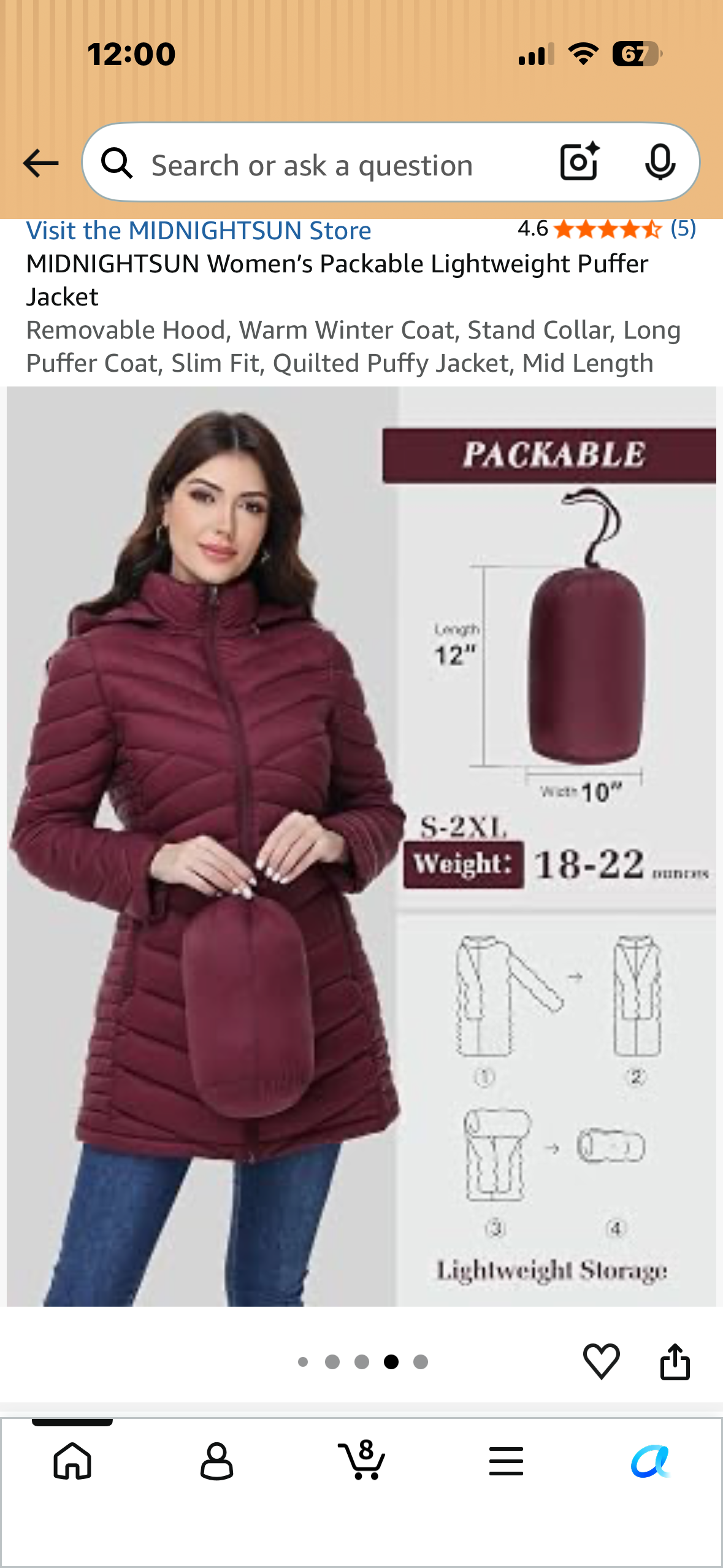MIDNIGHTSUN Women’s Packable Lightweight Puffer Jacket Removable Hood, Warm Winter Coat, Stand Collar, Long Puffer Coat, Slim Fit, Quilted Puffy Jacket, Mid Length (Size Large)