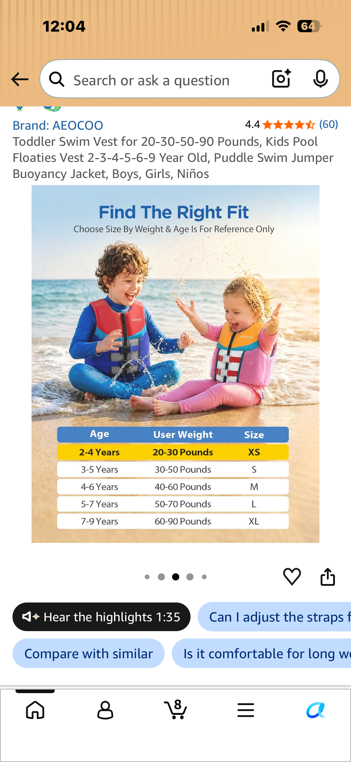 Toddler Swim Vest for 20-30 Pounds, Kids Pool Floaties Vest 2-4 Year Old, Puddle Swim Jumper  Buoyancy Jacket, Boys, Girls, Niños