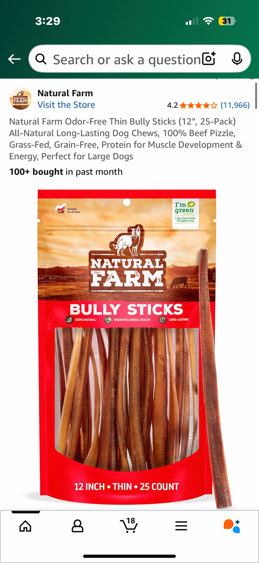 Natural Farm Odor-Free Thin Bully Sticks (12”, 25-Pack) All-Natural Long-Lasting Dog Chews, 100% Beef Pizzle, Grass-Fed, Grain-Free, Protein for Muscle Development & Energy, Perfect for Large Dogs