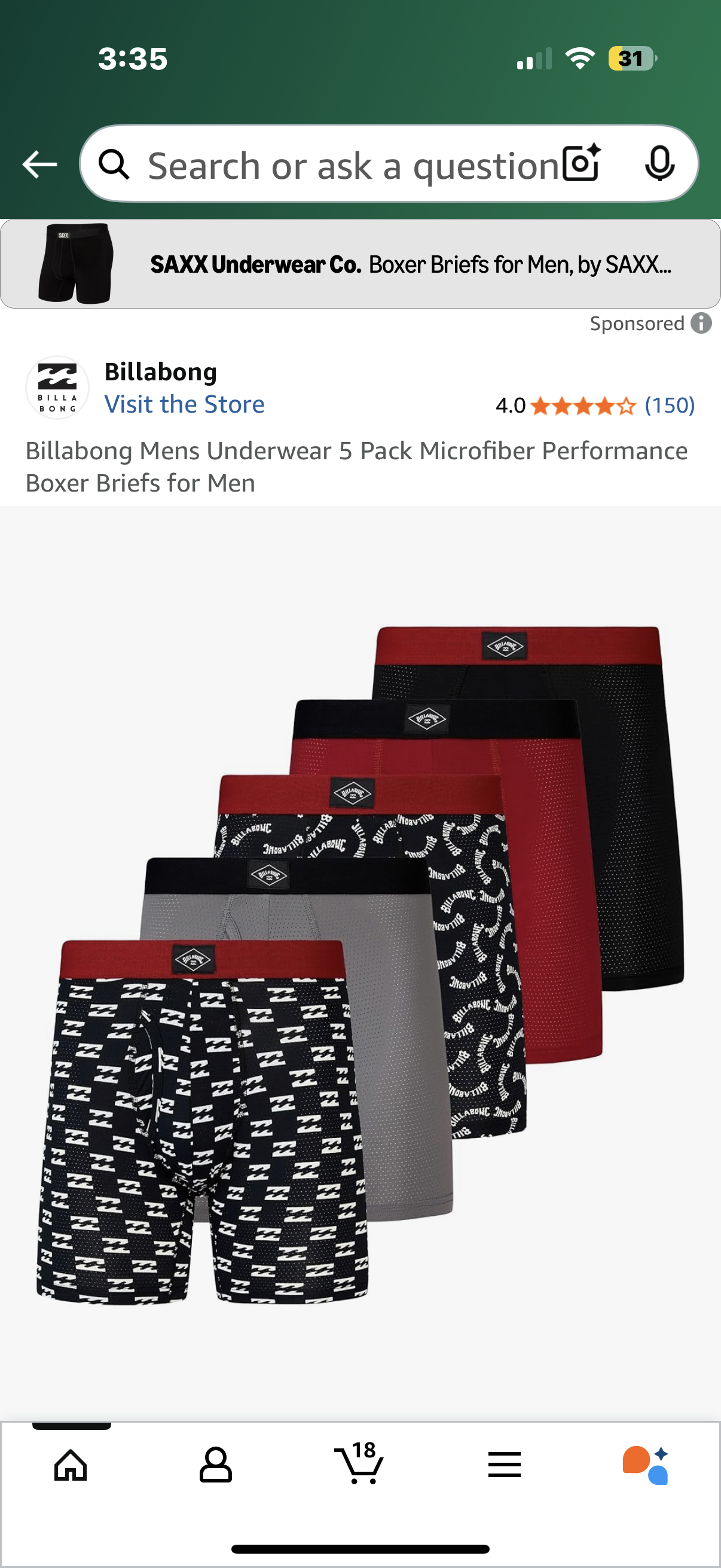 Billabong Mens Underwear 4 Pack Microfiber Performance Boxer Briefs for Men