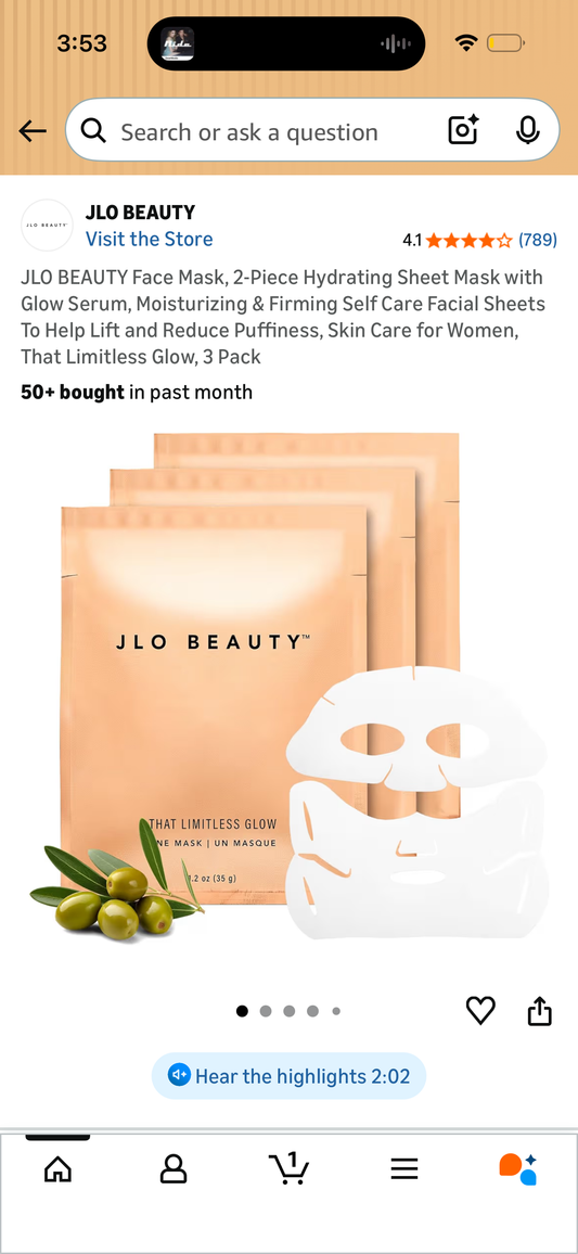 JLO BEAUTY Face Mask, 2-Piece Hydrating Sheet Mask with Glow Serum, Moisturizing & Firming Self Care Facial Sheets To Help Lift and Reduce Puffiness, Skin Care for Women, That Limitless Glow, 3 Pack