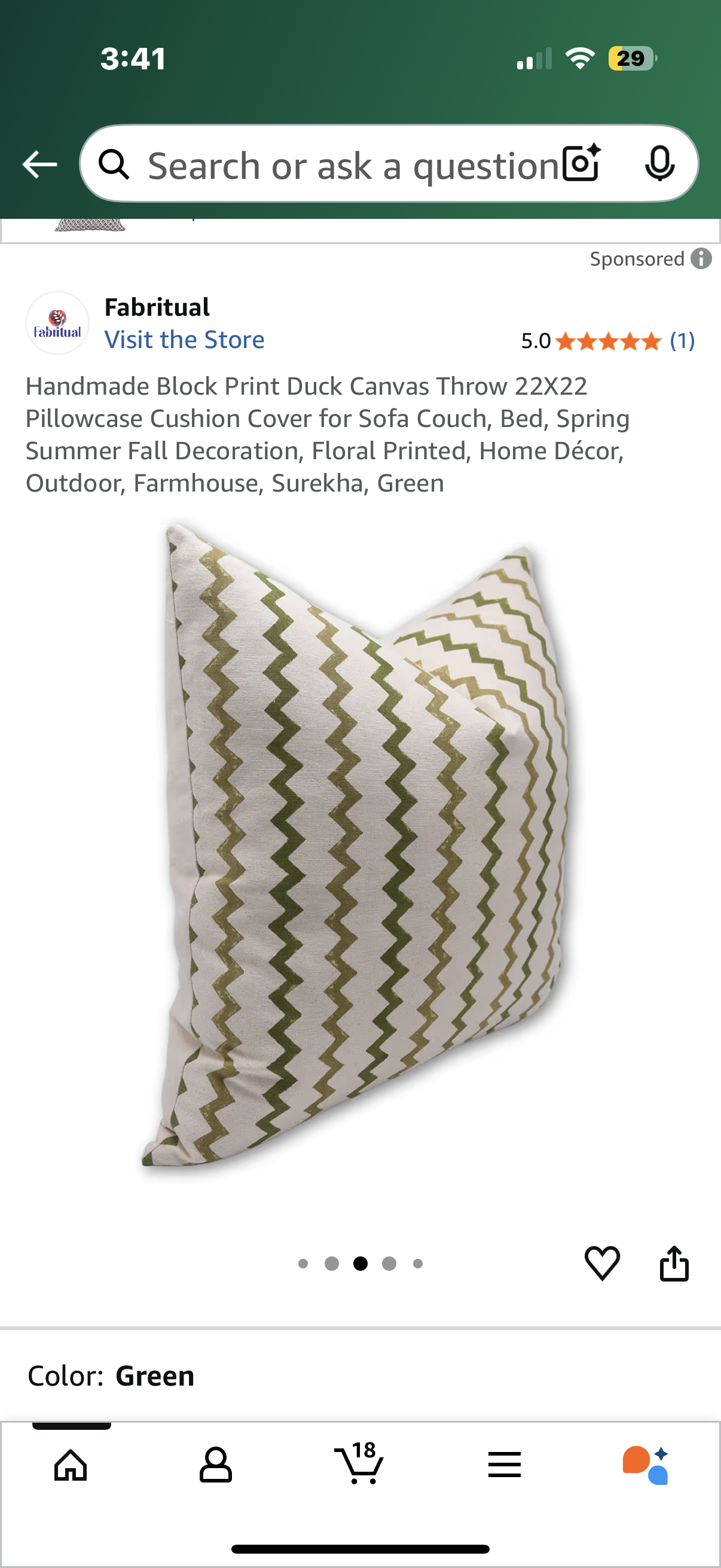 Handmade Block Print Duck Canvas Throw 22X22 Pillowcase Cushion Cover for Sofa Couch, Bed, Spring Summer Fall Decoration, Floral Printed, Home Décor, Outdoor, Farmhouse, Surekha, Green