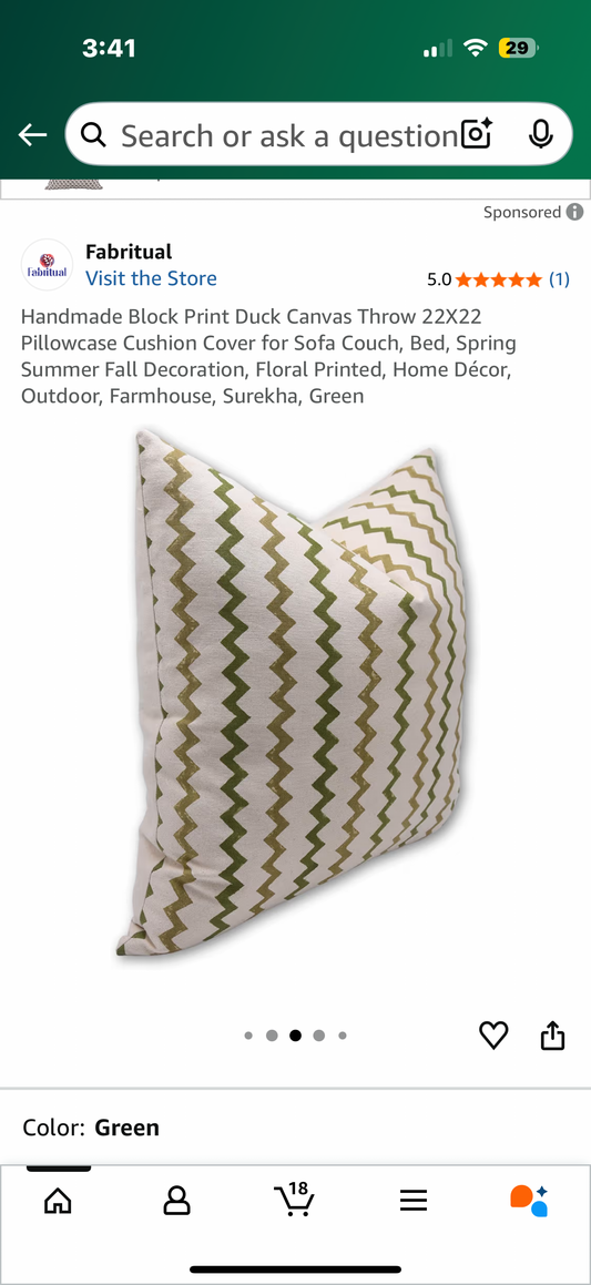 Handmade Block Print Duck Canvas Throw 22X22 Pillowcase Cushion Cover for Sofa Couch, Bed, Spring Summer Fall Decoration, Floral Printed, Home Décor, Outdoor, Farmhouse, Surekha, Green