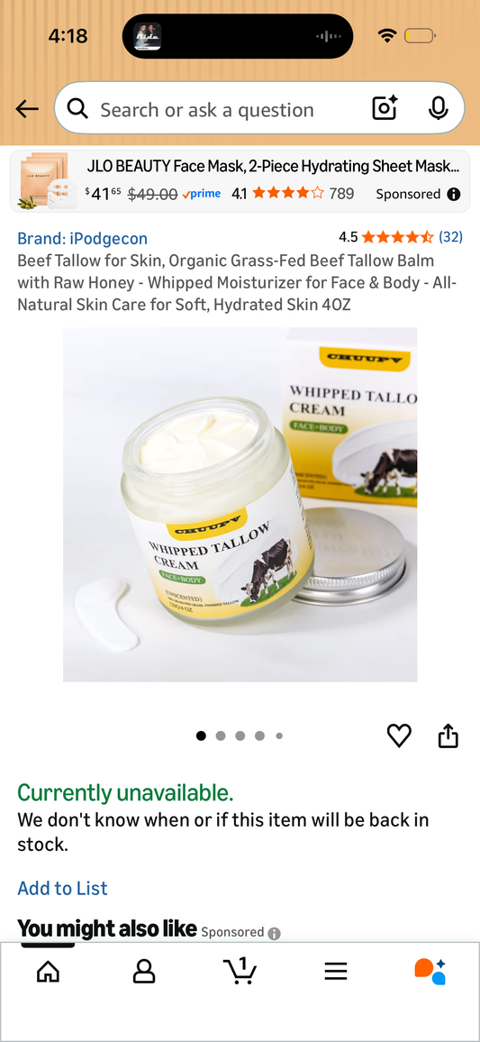 Beef Tallow for Skin, Organic Grass-Fed Beef Tallow Balm with Raw Honey - Whipped Moisturizer for Face & Body - All-Natural Skin Care for Soft, Hydrated Skin 4OZ