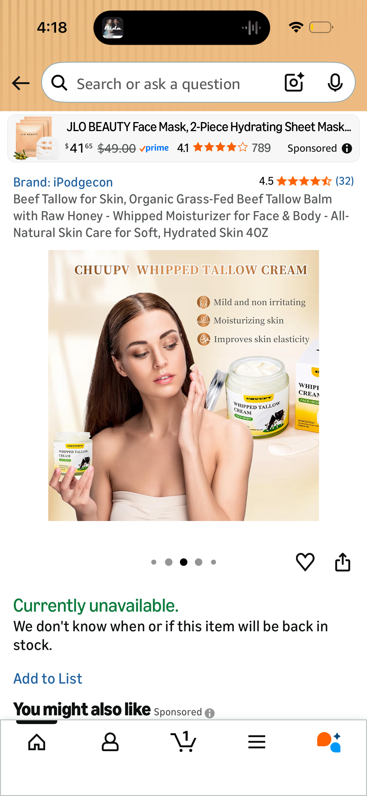 Beef Tallow for Skin, Organic Grass-Fed Beef Tallow Balm with Raw Honey - Whipped Moisturizer for Face & Body - All-Natural Skin Care for Soft, Hydrated Skin 4OZ