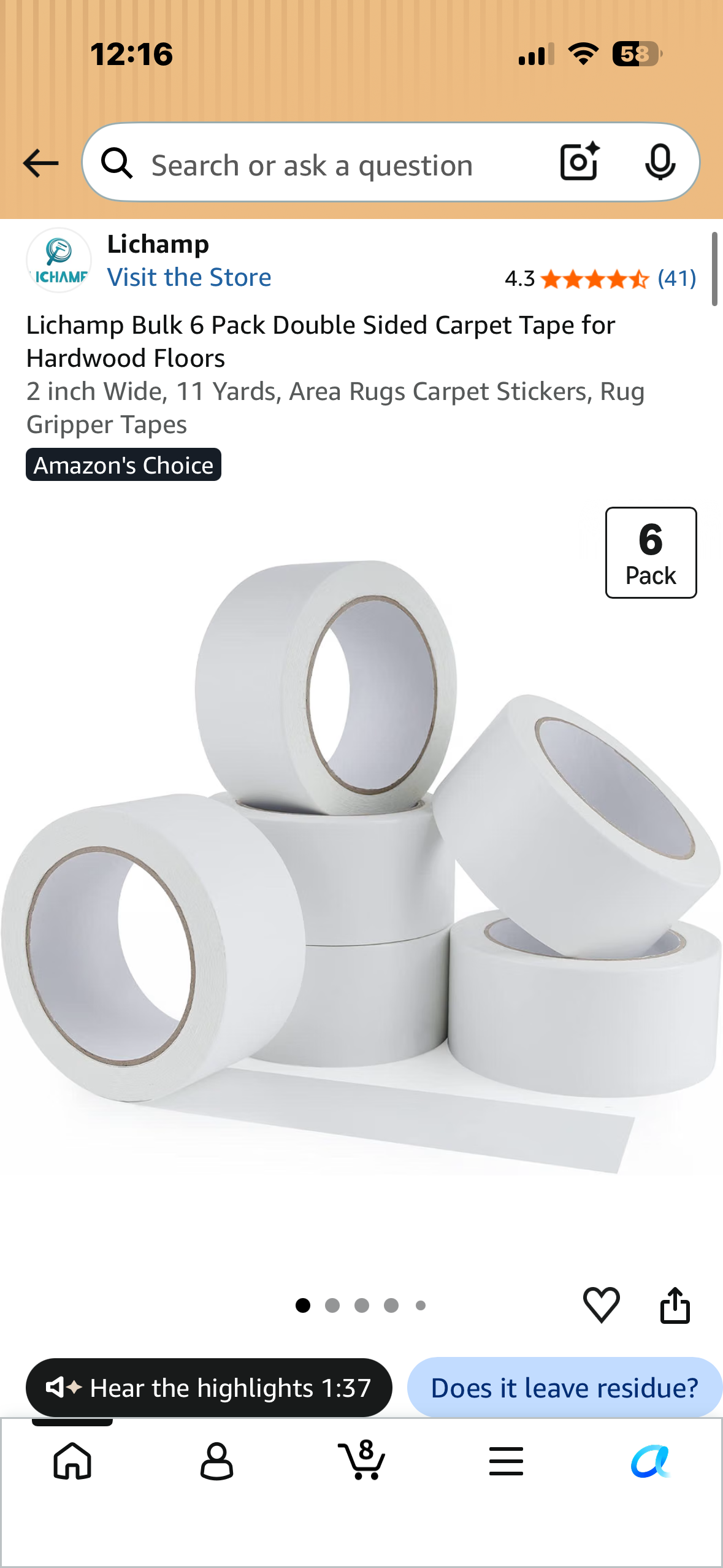 Lichamp Bulk 6 Pack Double Sided Carpet Tape for Hardwood Floors, 2” Wide x 11 Yards, Area Rug, Carpet Stickers, Rug Gripper Tape