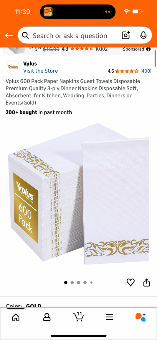 Vplus 600 Pack Paper Napkins Guest Towels Disposable Premium Quality 3-ply Dinner Napkins Disposable Soft, Absorbent, for Kitchen, Wedding, Parties, Dinners or Events(Gold)
