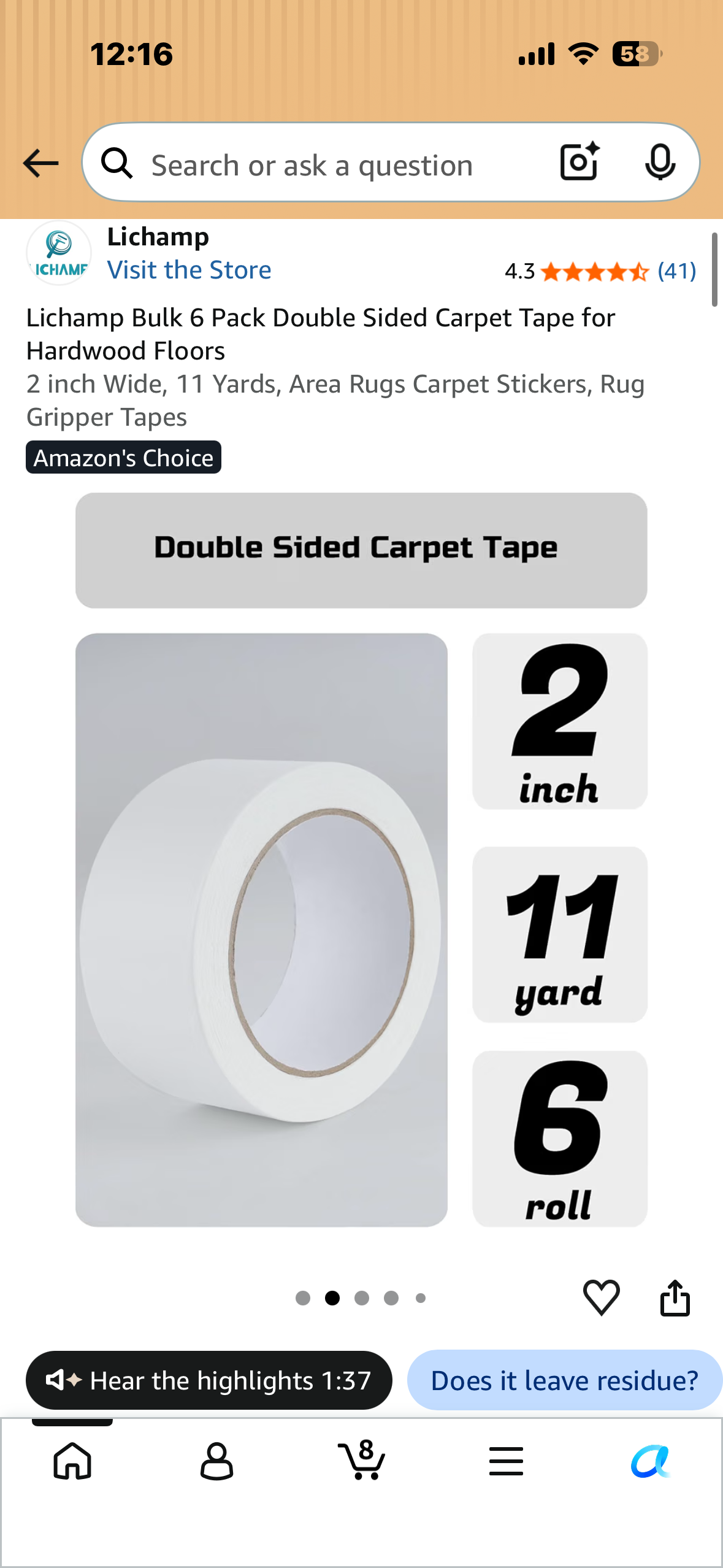 Lichamp Bulk 6 Pack Double Sided Carpet Tape for Hardwood Floors, 2” Wide x 11 Yards, Area Rug, Carpet Stickers, Rug Gripper Tape
