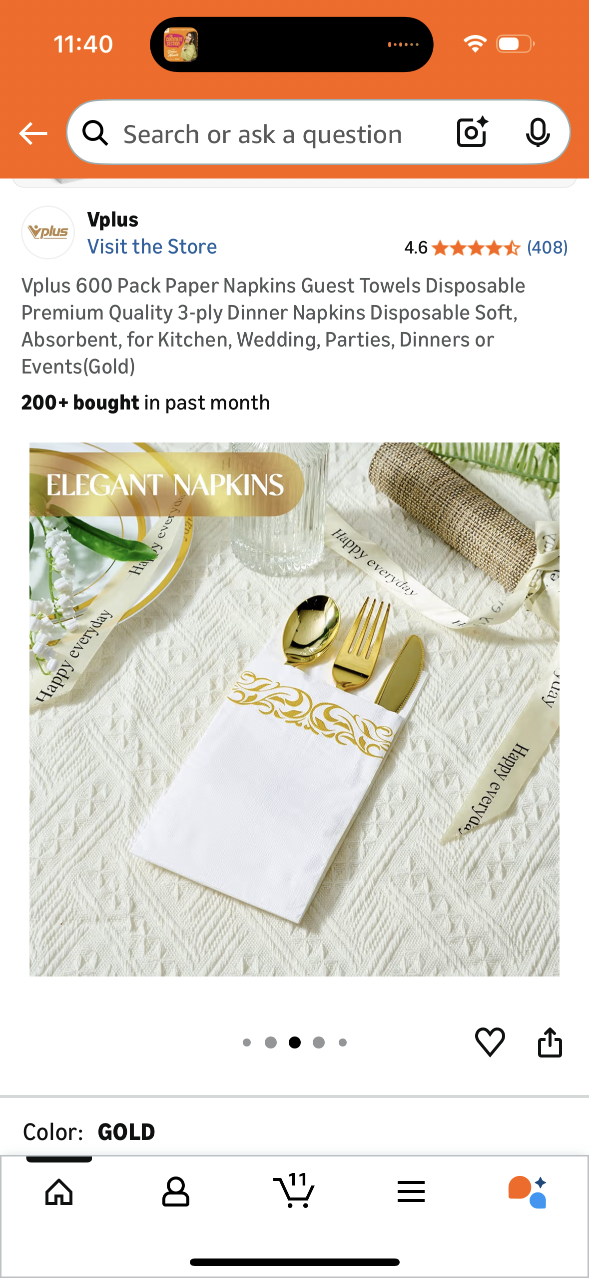 Vplus 600 Pack Paper Napkins Guest Towels Disposable Premium Quality 3-ply Dinner Napkins Disposable Soft, Absorbent, for Kitchen, Wedding, Parties, Dinners or Events(Gold)