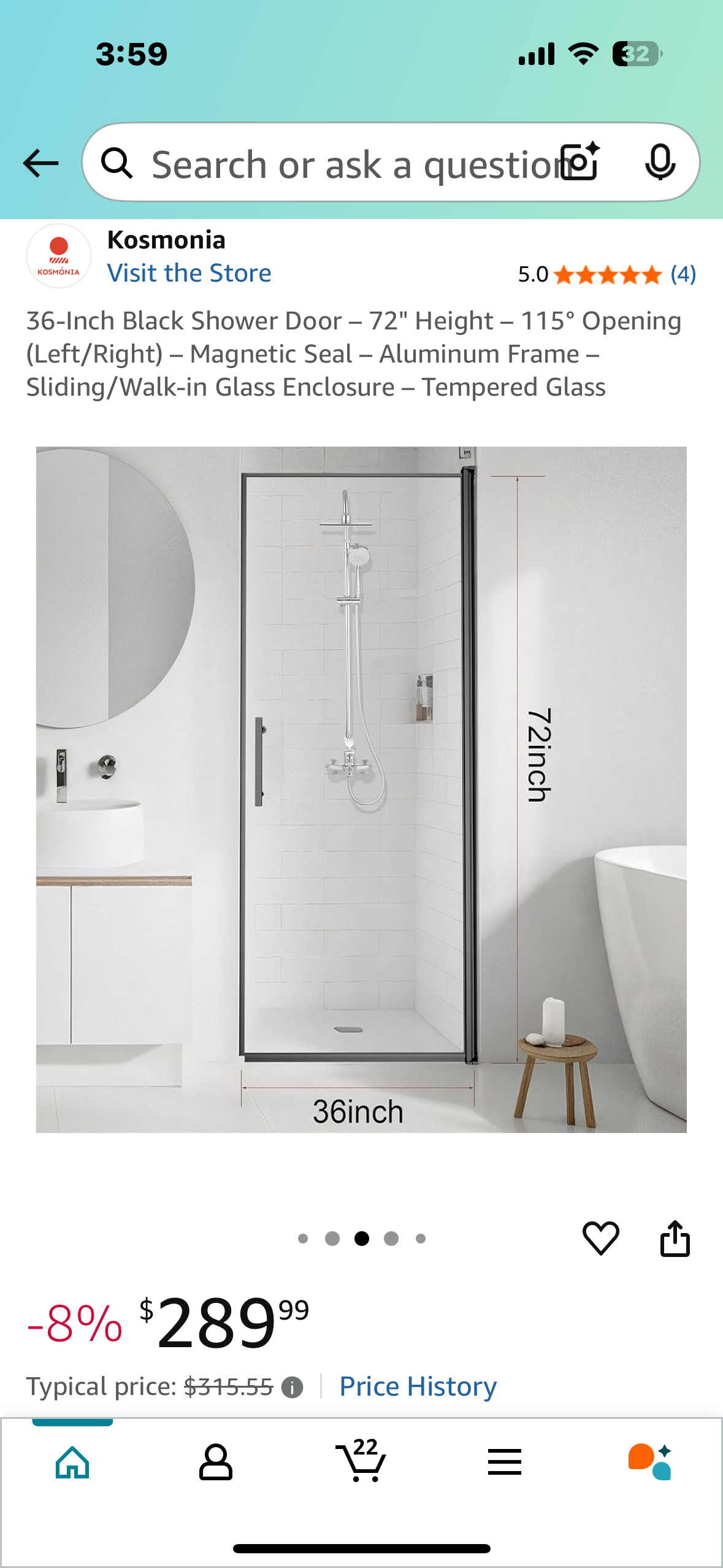 36-Inch Black Shower Door - 72" Height - 115° Opening (Left/Right) - Magnetic Seal - Aluminum Frame - Sliding/Walk-in Glass Enclosure - Tempered Glass (B1005)