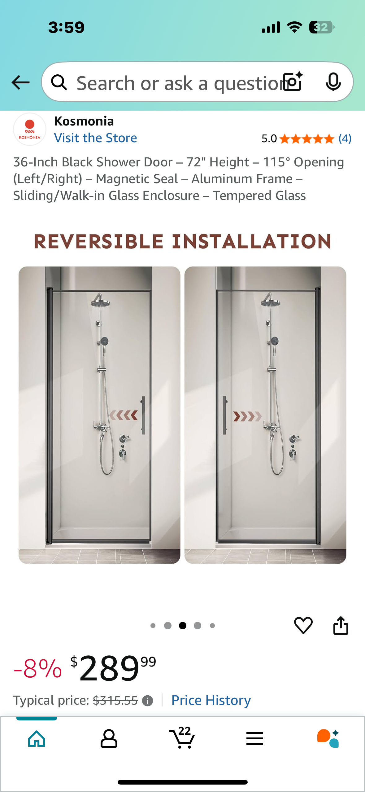 36-Inch Black Shower Door - 72" Height - 115° Opening (Left/Right) - Magnetic Seal - Aluminum Frame - Sliding/Walk-in Glass Enclosure - Tempered Glass (B1005)