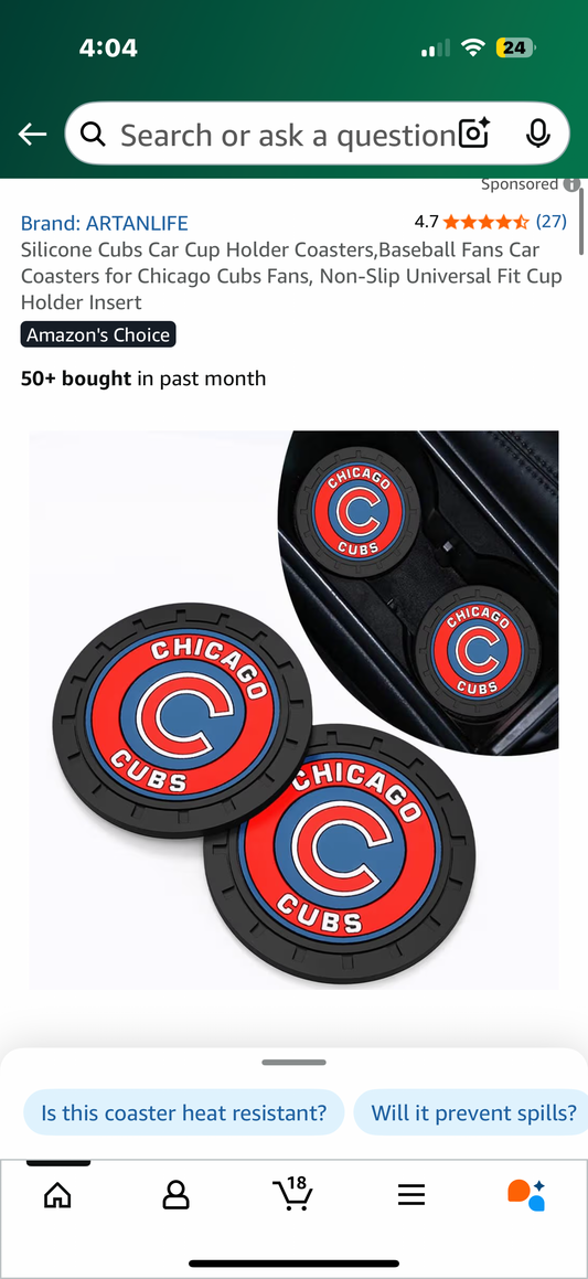 2 x  Silicone Cubs Car Cup Holder Coasters,Baseball Fans Car Coasters for Chicago Cubs Fans, Non-Slip Universal Fit Cup Holder Insert