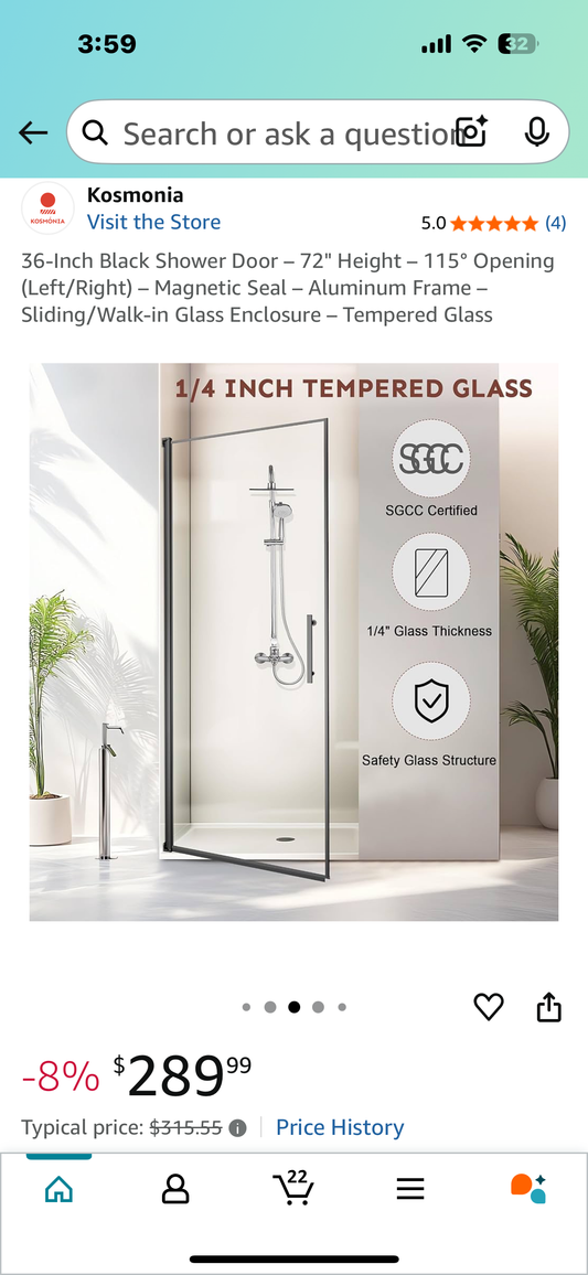 36-Inch Black Shower Door - 72" Height - 115° Opening (Left/Right) - Magnetic Seal - Aluminum Frame - Sliding/Walk-in Glass Enclosure - Tempered Glass (B1005)