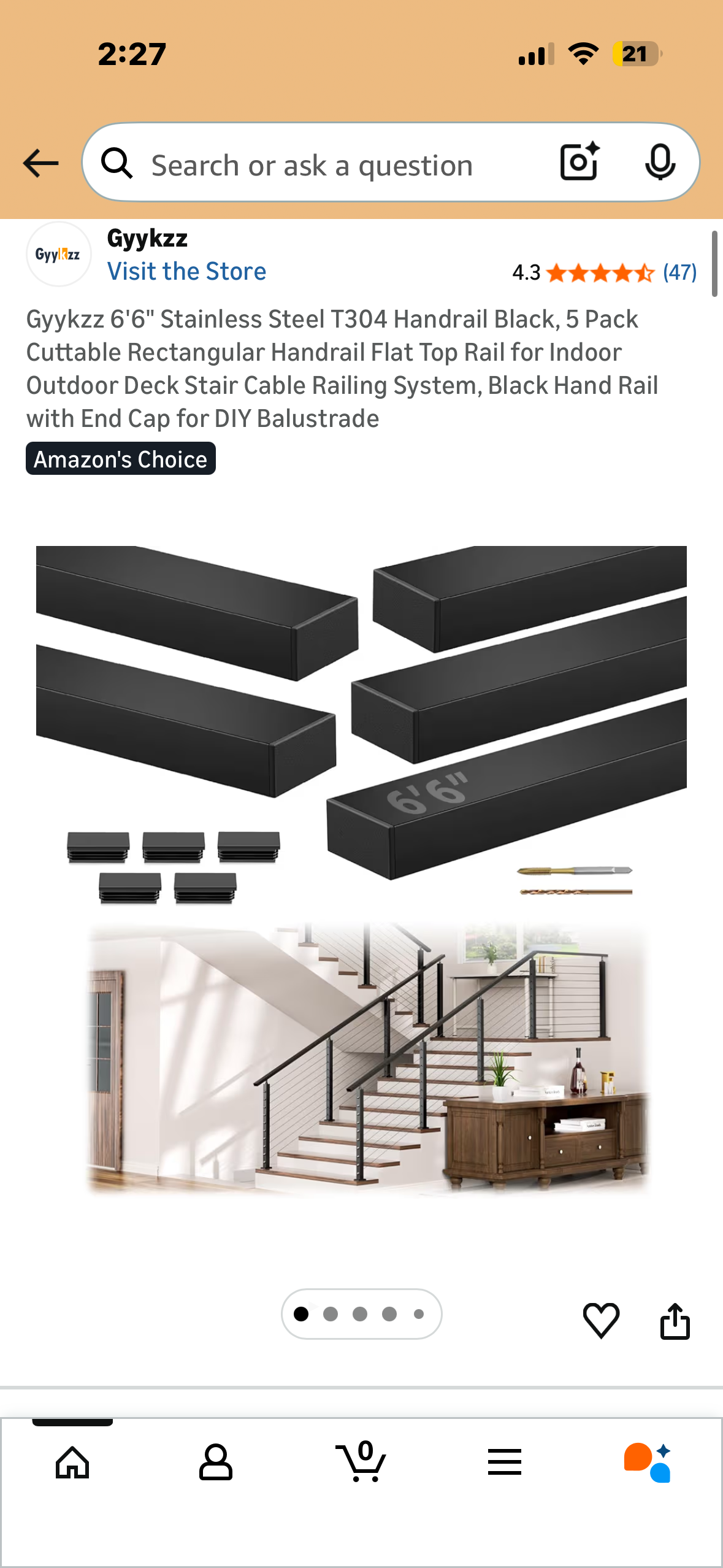 6'6" Stainless Steel T304 Handrail, 5 Pack, Black, Cuttable Rectangular Handrail with Flat Top Rail for Indoor Outdoor Deck, Stair, Cable Railing System, Black Hand Rail with End Cap for DIY Balustrade (G980)