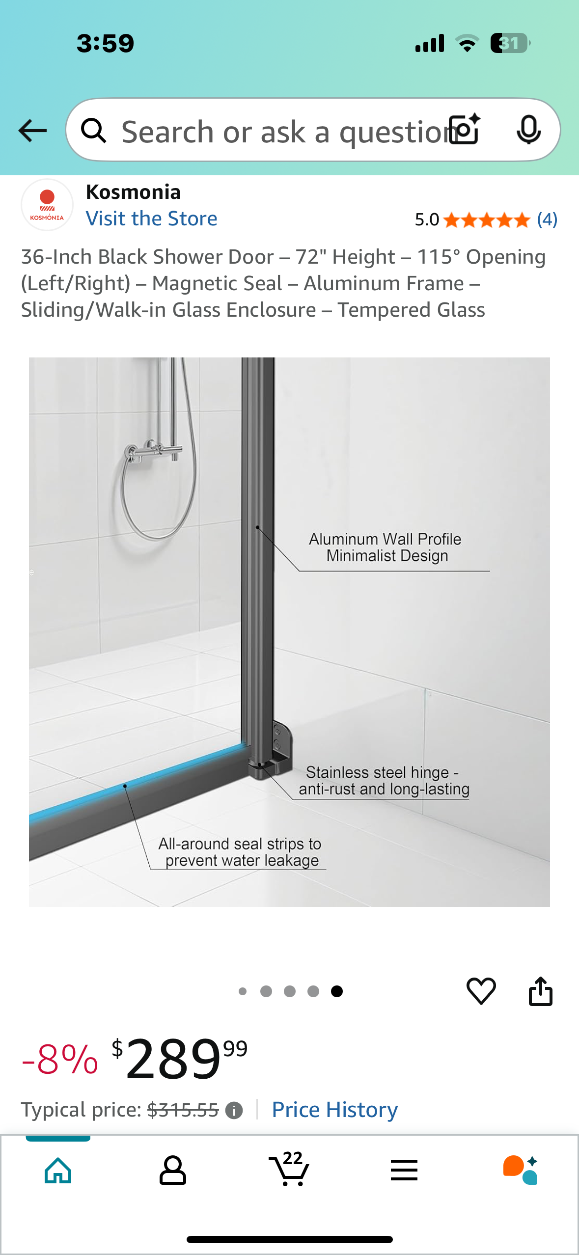 36-Inch Black Shower Door - 72" Height - 115° Opening (Left/Right) - Magnetic Seal - Aluminum Frame - Sliding/Walk-in Glass Enclosure - Tempered Glass (B1005)