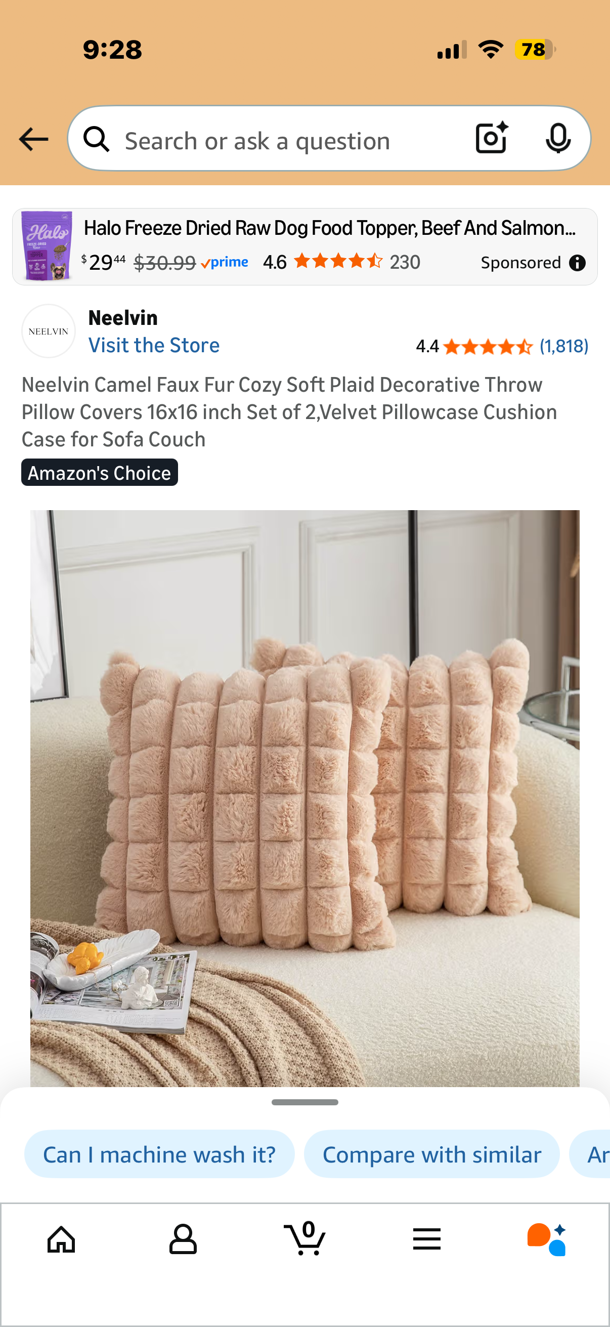 Neelvin Camel Faux Fur Cozy Soft Plaid Decorative Throw Pillow Covers 16x16 inch Set of 2,Velvet Pillowcase Cushion Case for Sofa Couch