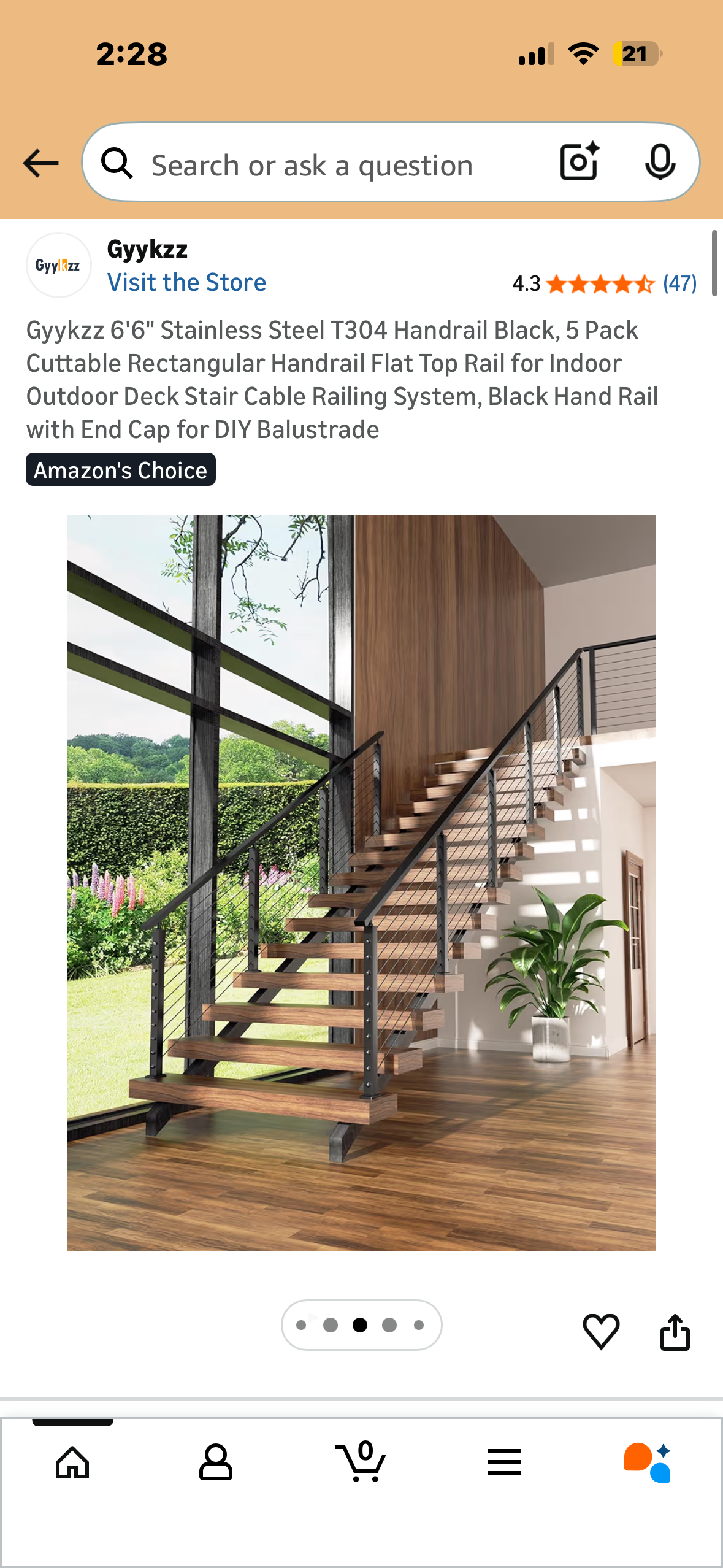 6'6" Stainless Steel T304 Handrail, 5 Pack, Black, Cuttable Rectangular Handrail with Flat Top Rail for Indoor Outdoor Deck, Stair, Cable Railing System, Black Hand Rail with End Cap for DIY Balustrade (G980)