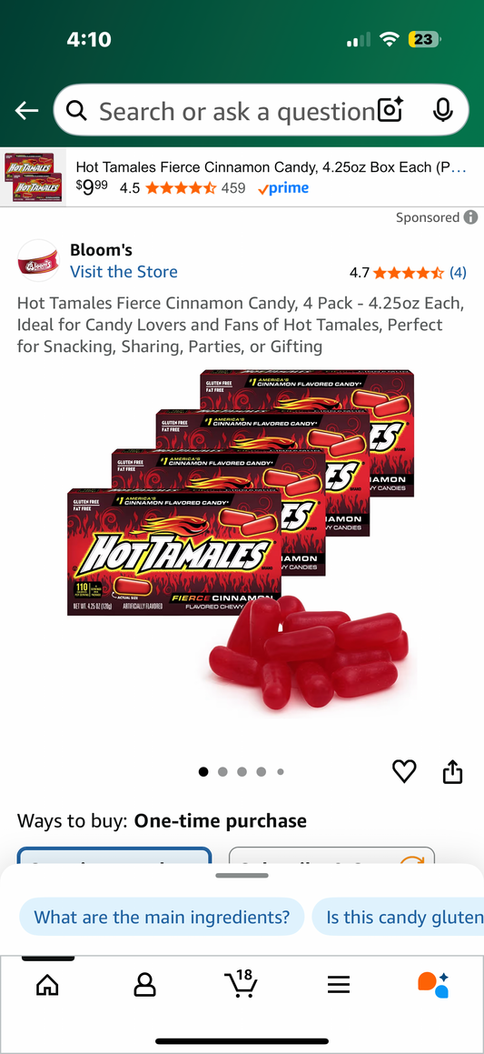 Hot Tamales Fierce Cinnamon Candy, 4 Pack - 4.25oz Each, Ideal for Candy Lovers and Fans of Hot Tamales, Perfect for Snacking, Sharing, Parties, or Gifting