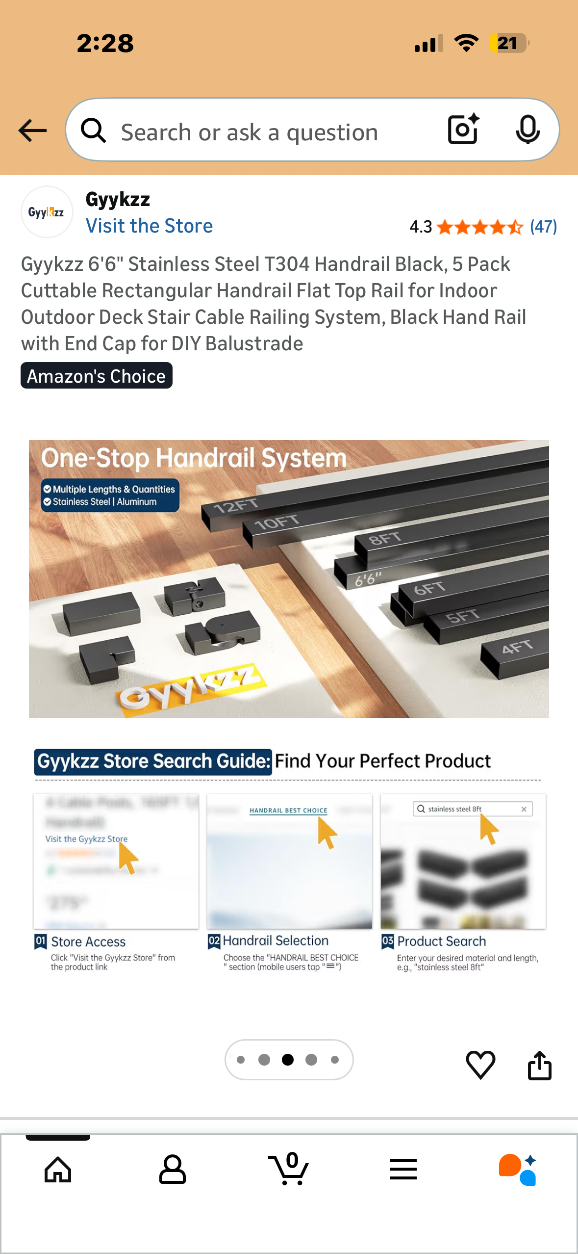 6'6" Stainless Steel T304 Handrail, 5 Pack, Black, Cuttable Rectangular Handrail with Flat Top Rail for Indoor Outdoor Deck, Stair, Cable Railing System, Black Hand Rail with End Cap for DIY Balustrade (G980)