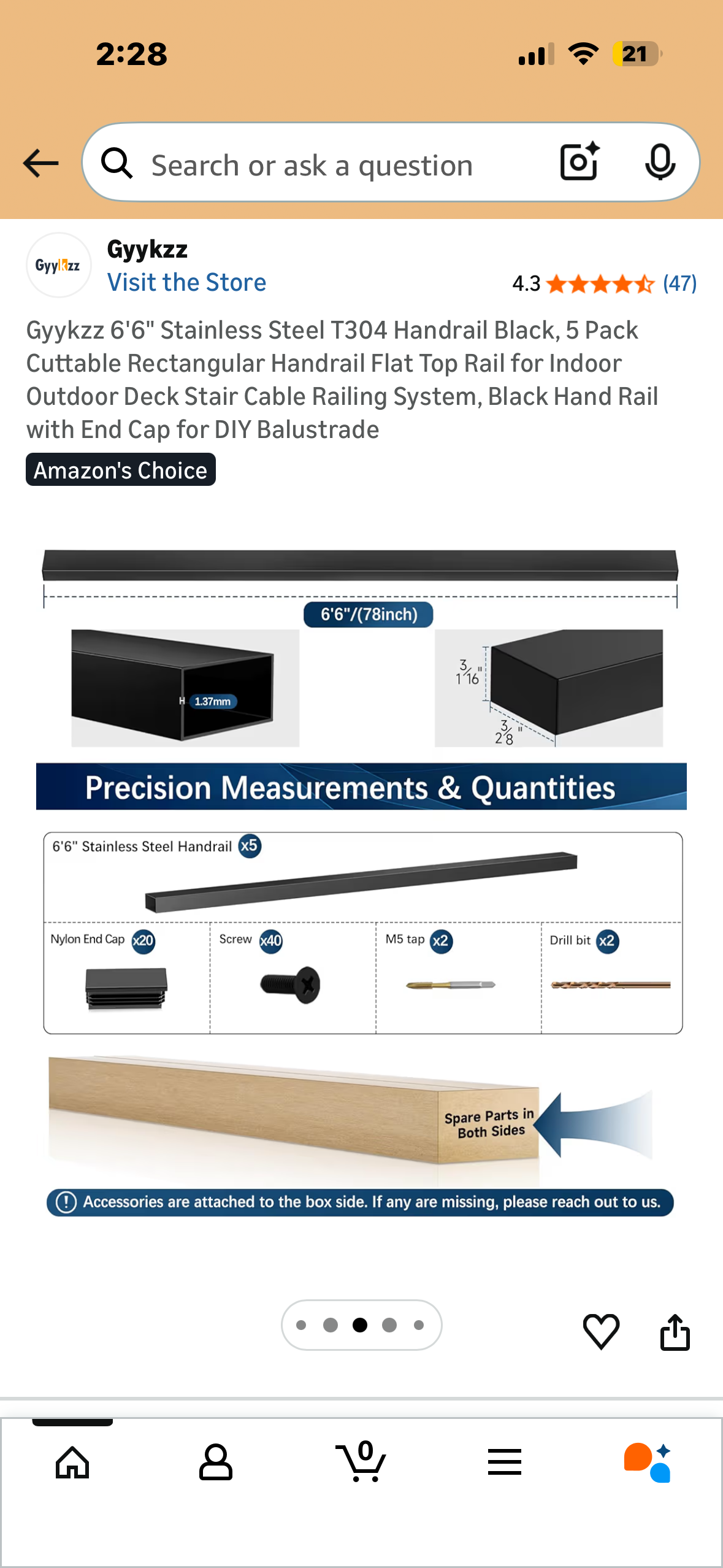 6'6" Stainless Steel T304 Handrail, 5 Pack, Black, Cuttable Rectangular Handrail with Flat Top Rail for Indoor Outdoor Deck, Stair, Cable Railing System, Black Hand Rail with End Cap for DIY Balustrade (G980)