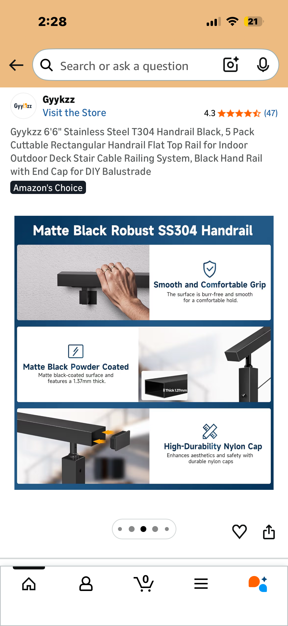 6'6" Stainless Steel T304 Handrail, 5 Pack, Black, Cuttable Rectangular Handrail with Flat Top Rail for Indoor Outdoor Deck, Stair, Cable Railing System, Black Hand Rail with End Cap for DIY Balustrade (G980)