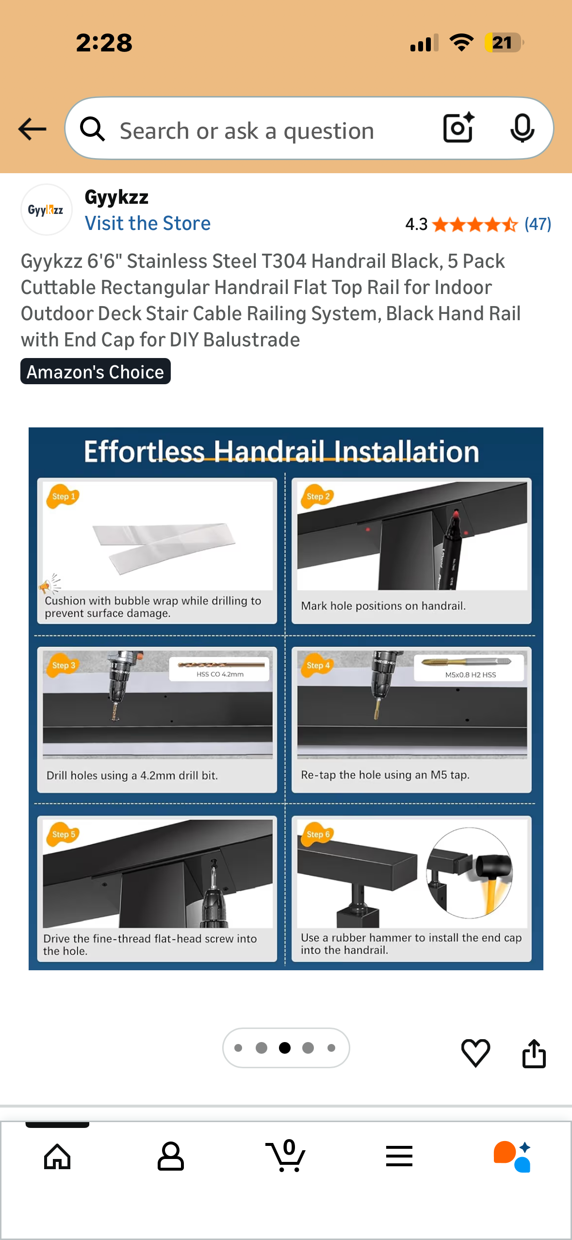 6'6" Stainless Steel T304 Handrail, 5 Pack, Black, Cuttable Rectangular Handrail with Flat Top Rail for Indoor Outdoor Deck, Stair, Cable Railing System, Black Hand Rail with End Cap for DIY Balustrade (G980)