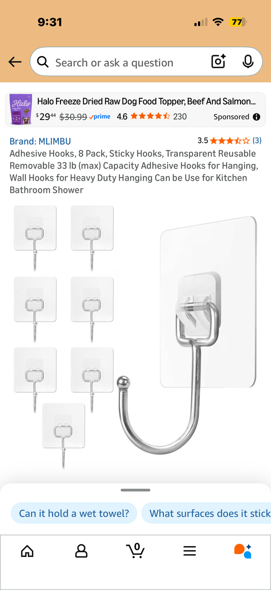 Pack of Adhesive Hooks, 8 Pack, Sticky Hooks, Transparent Reusable Removable 33 lb (max) Capacity Adhesive Hooks for Hanging, Wall Hooks for Heavy Duty Hanging Can be Use for Kitchen Bathroom Shower