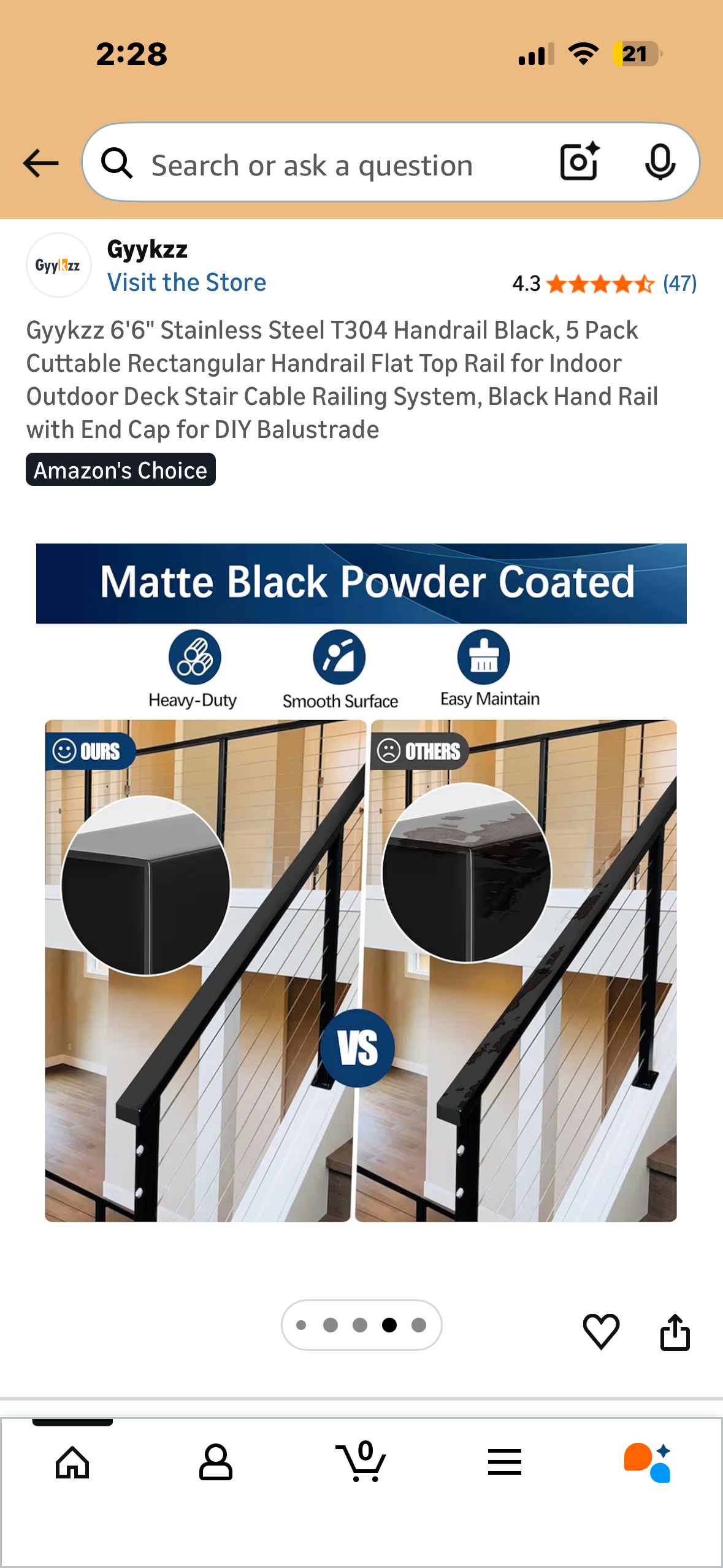 6'6" Stainless Steel T304 Handrail, 5 Pack, Black, Cuttable Rectangular Handrail with Flat Top Rail for Indoor Outdoor Deck, Stair, Cable Railing System, Black Hand Rail with End Cap for DIY Balustrade (G980)