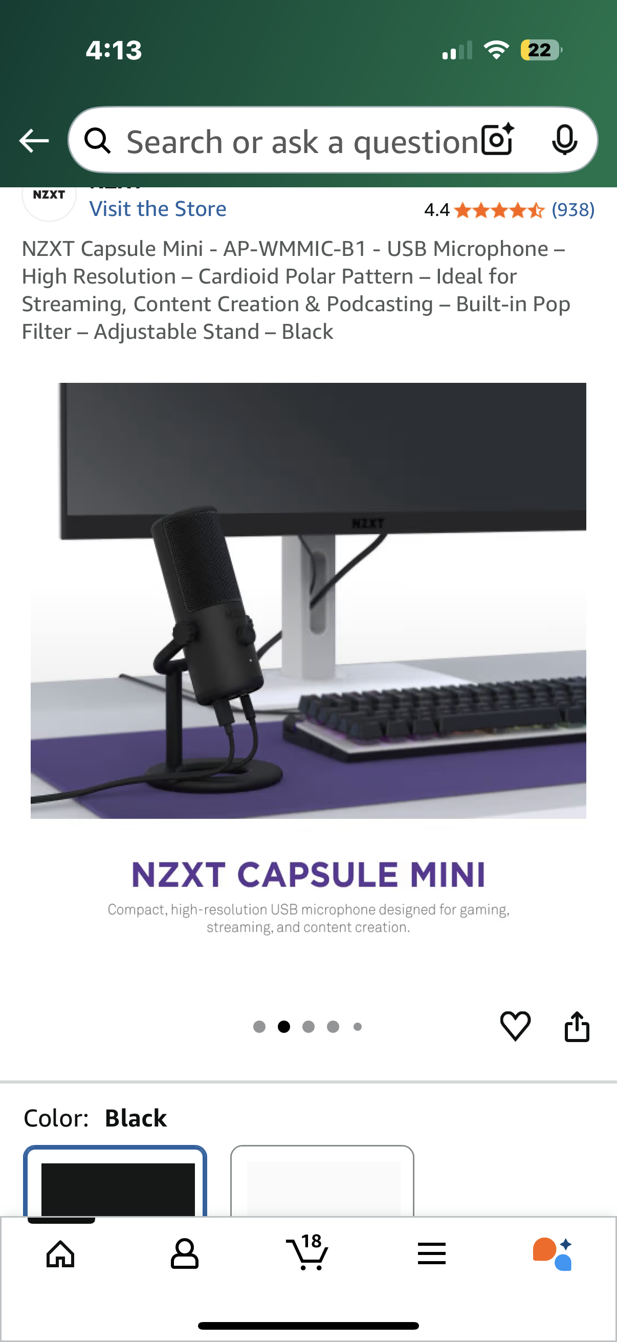 NZXT Capsule Mini - AP-WMMIC-B1 - USB Microphone – High Resolution – Cardioid Polar Pattern – Ideal for Streaming, Content Creation & Podcasting – Built-in Pop Filter – Adjustable Stand – Black