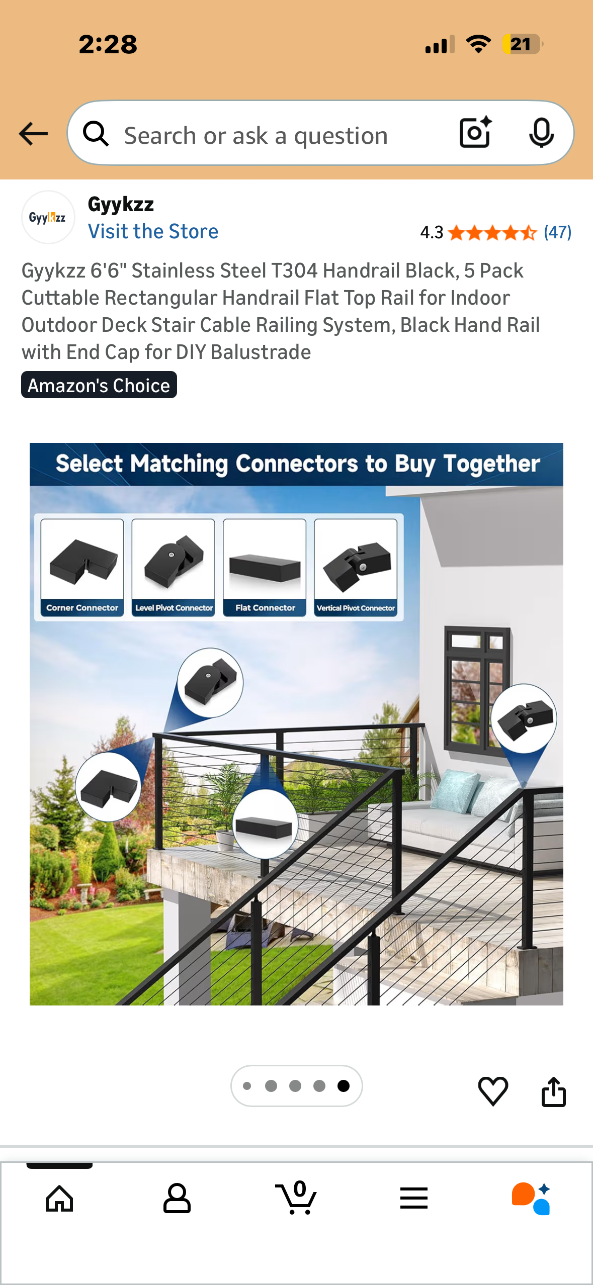 6'6" Stainless Steel T304 Handrail, 5 Pack, Black, Cuttable Rectangular Handrail with Flat Top Rail for Indoor Outdoor Deck, Stair, Cable Railing System, Black Hand Rail with End Cap for DIY Balustrade (G980)