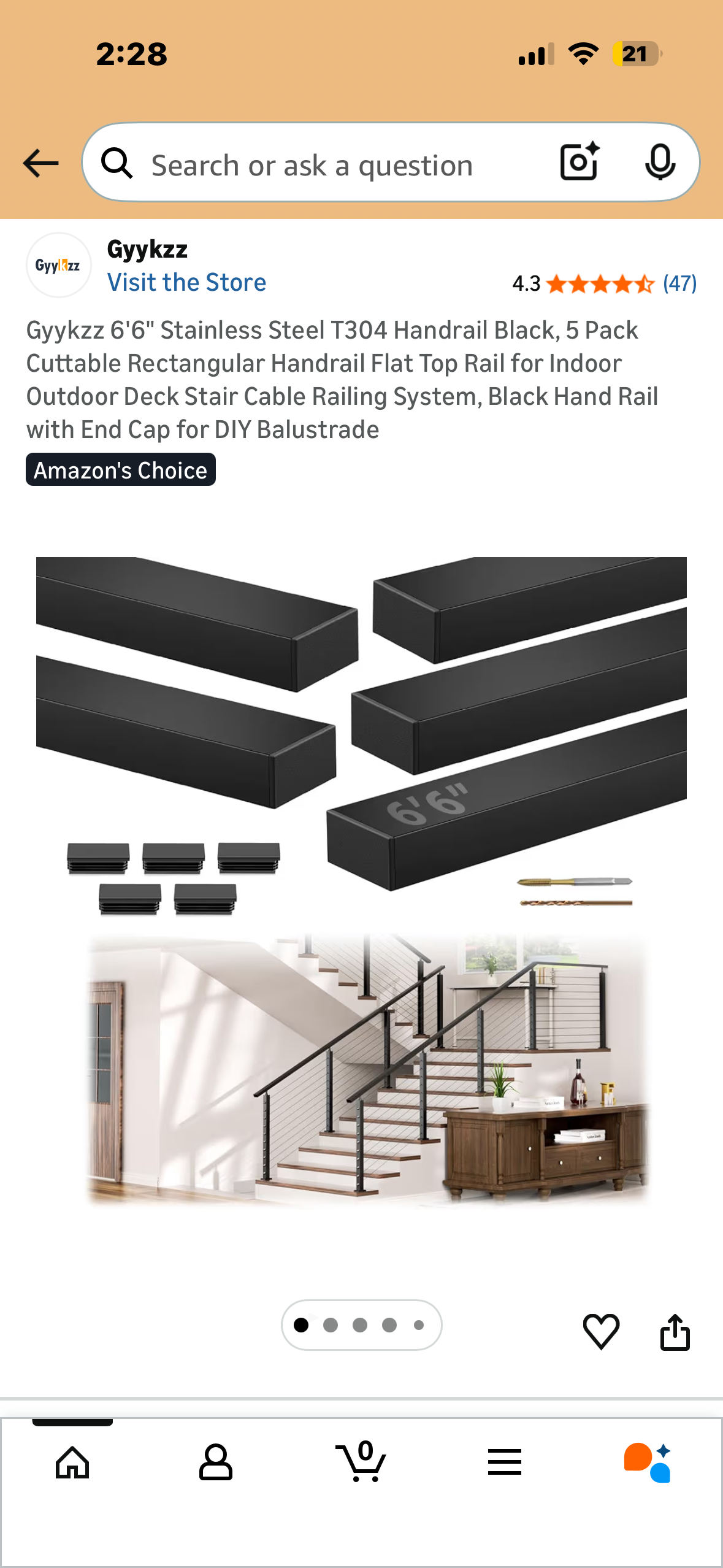 6'6" Stainless Steel T304 Handrail, 5 Pack, Black, Cuttable Rectangular Handrail with Flat Top Rail for Indoor Outdoor Deck, Stair, Cable Railing System, Black Hand Rail with End Cap for DIY Balustrade (G980)