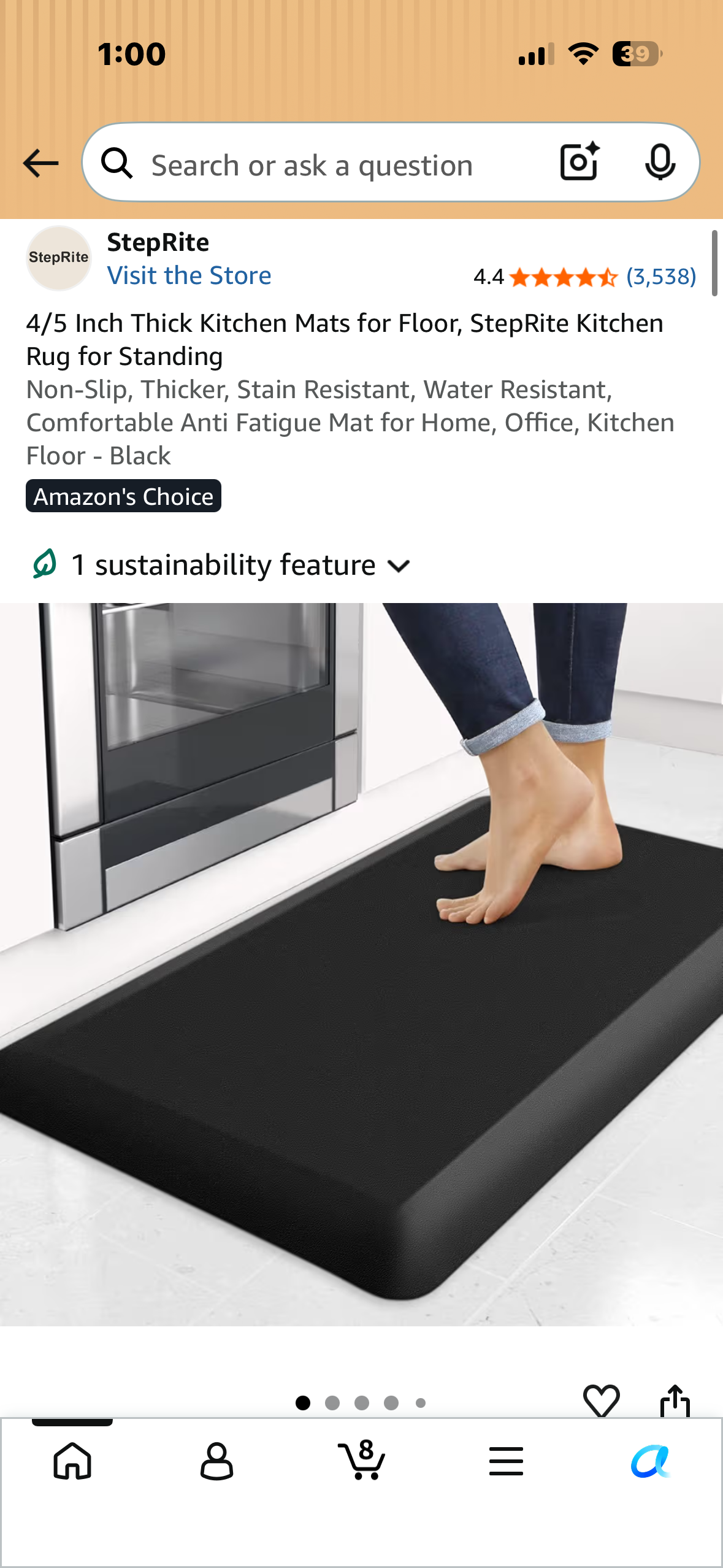 28”x 17”x 4/5” Thick Anti Fatigue Mat for Home, Office, Kitchen Floor, Non-Slip, Thicker, Stain Resistant, Water Resistant, Comfortable - Black