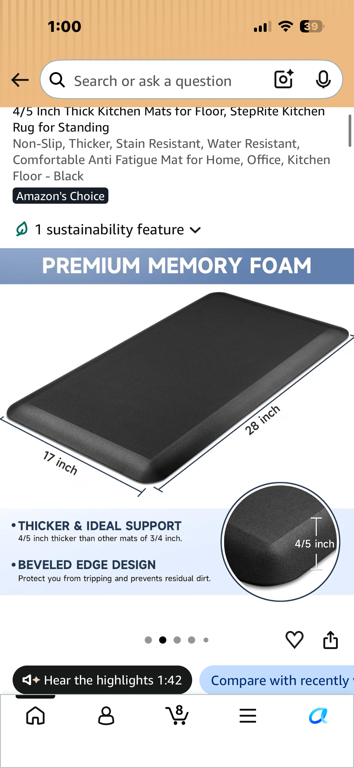 28”x 17”x 4/5” Thick Anti Fatigue Mat for Home, Office, Kitchen Floor, Non-Slip, Thicker, Stain Resistant, Water Resistant, Comfortable - Black
