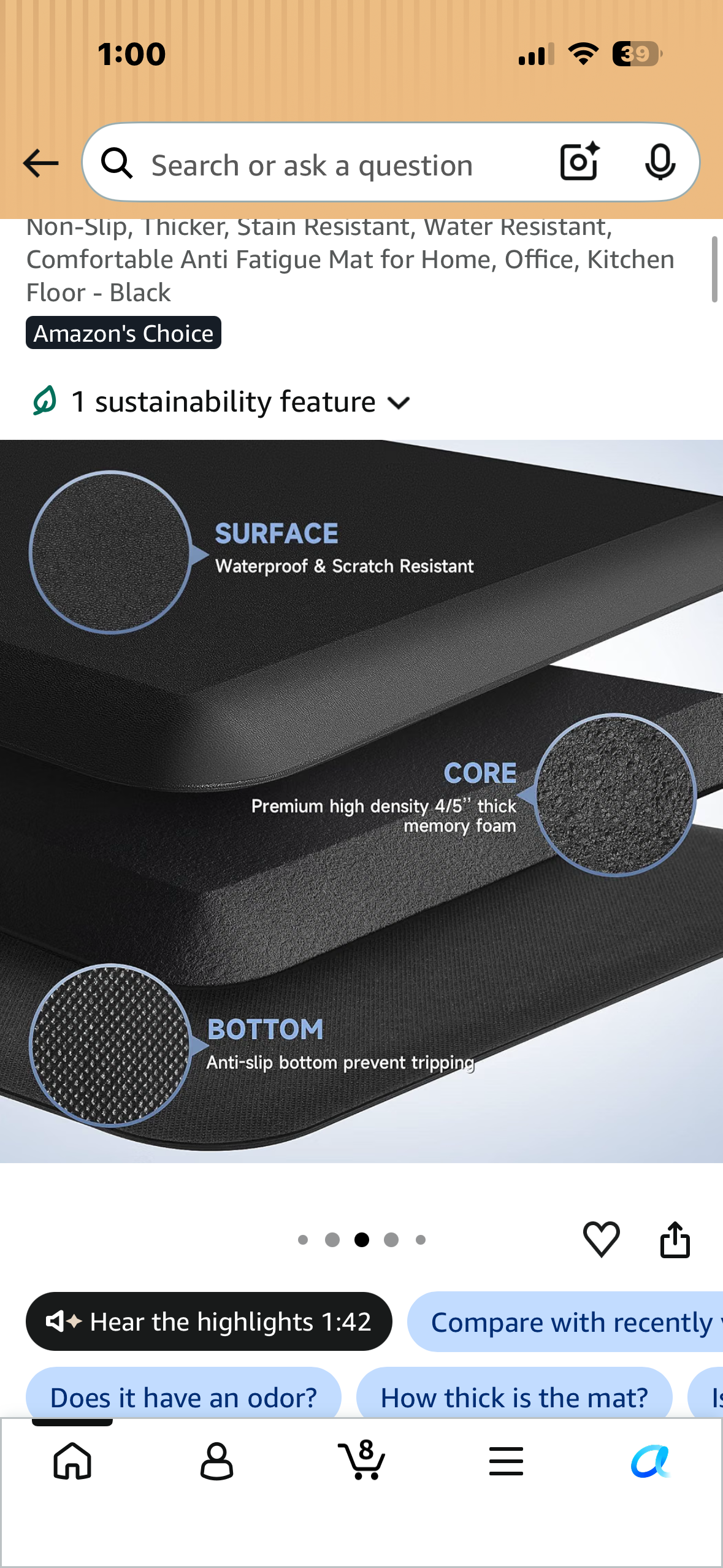 28”x 17”x 4/5” Thick Anti Fatigue Mat for Home, Office, Kitchen Floor, Non-Slip, Thicker, Stain Resistant, Water Resistant, Comfortable - Black
