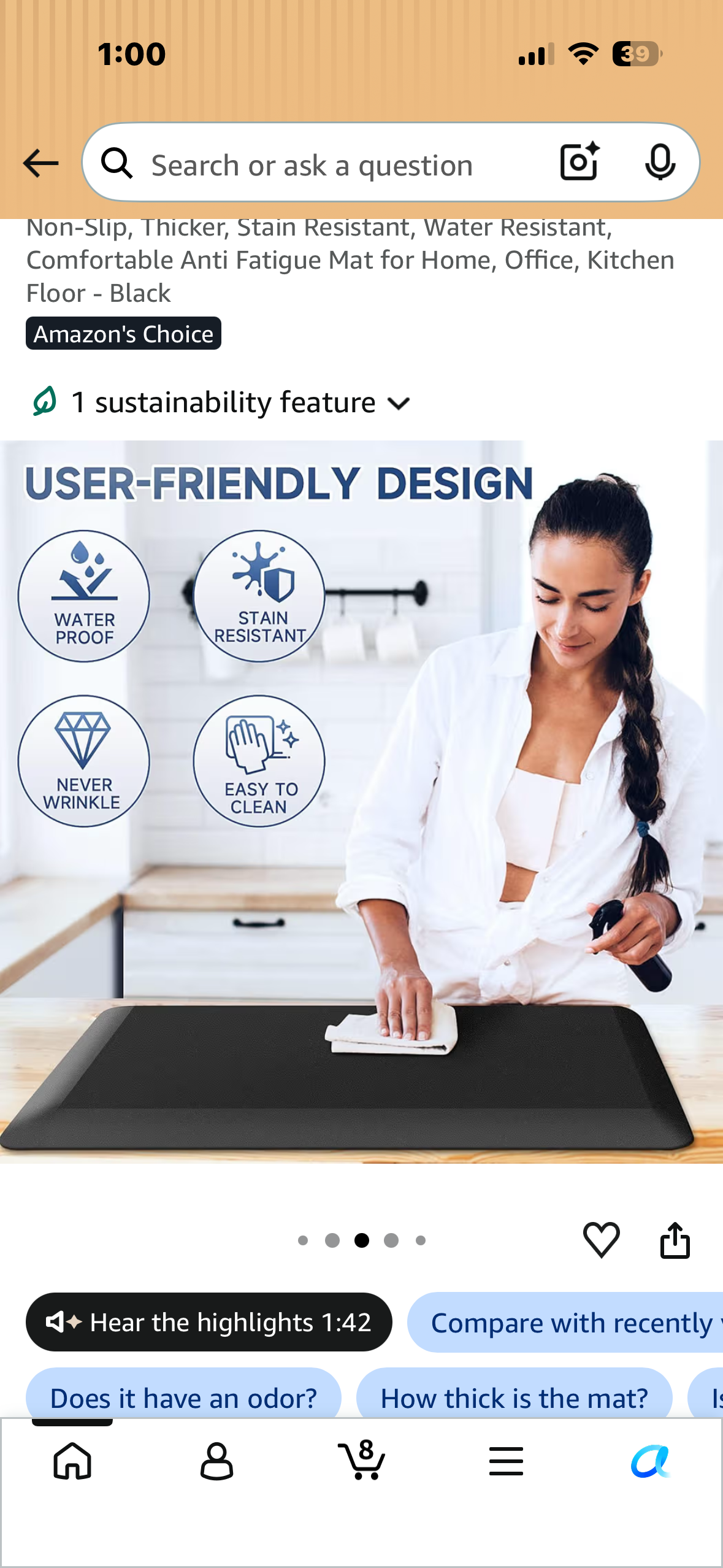 28”x 17”x 4/5” Thick Anti Fatigue Mat for Home, Office, Kitchen Floor, Non-Slip, Thicker, Stain Resistant, Water Resistant, Comfortable - Black