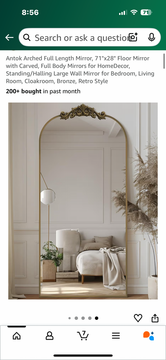 Antok Arched Full Length Mirror, 71"x28" Floor Mirror with Carved Topper, Full Body Mirror for Home Decor, Bedroom, Living Room, Cloakroom, Bronze, Retro Style (M411)