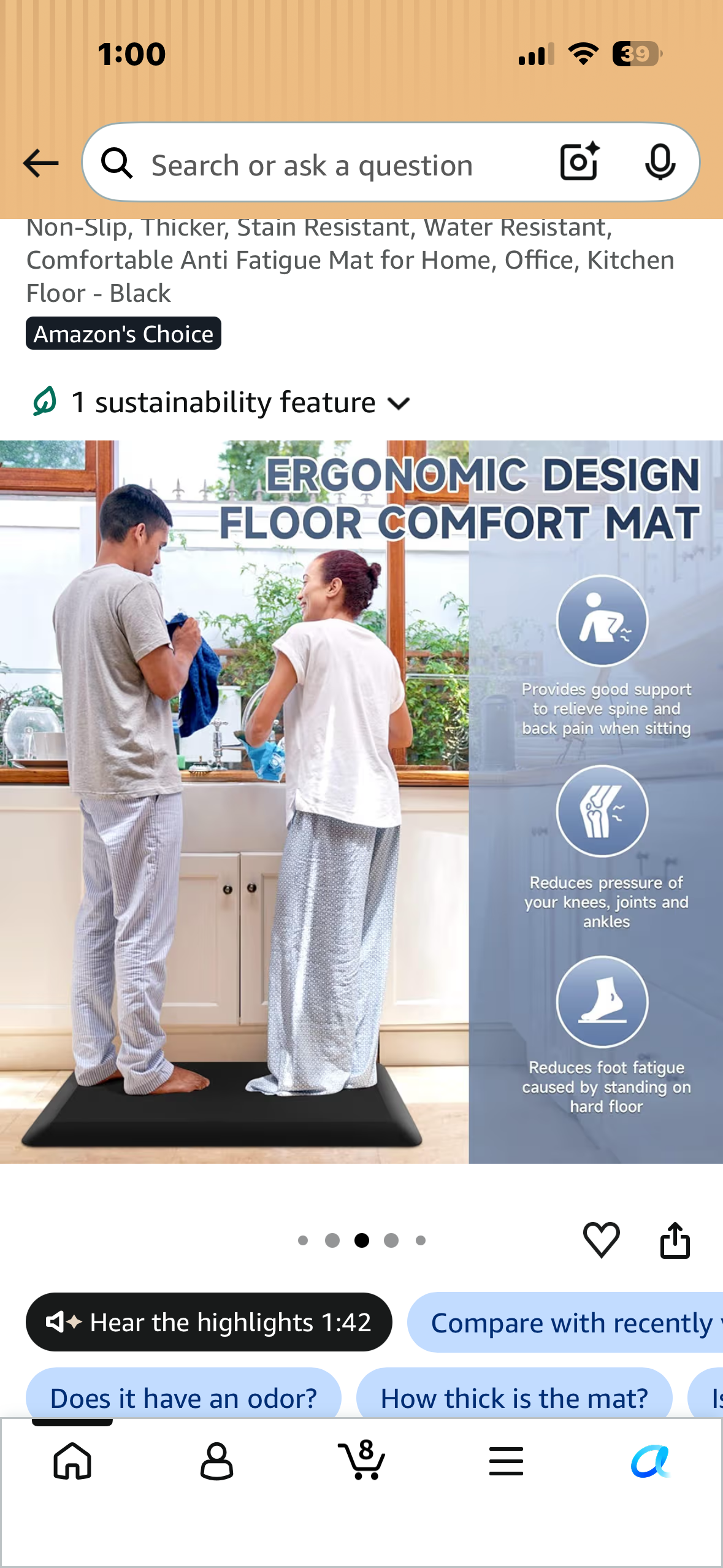 28”x 17”x 4/5” Thick Anti Fatigue Mat for Home, Office, Kitchen Floor, Non-Slip, Thicker, Stain Resistant, Water Resistant, Comfortable - Black