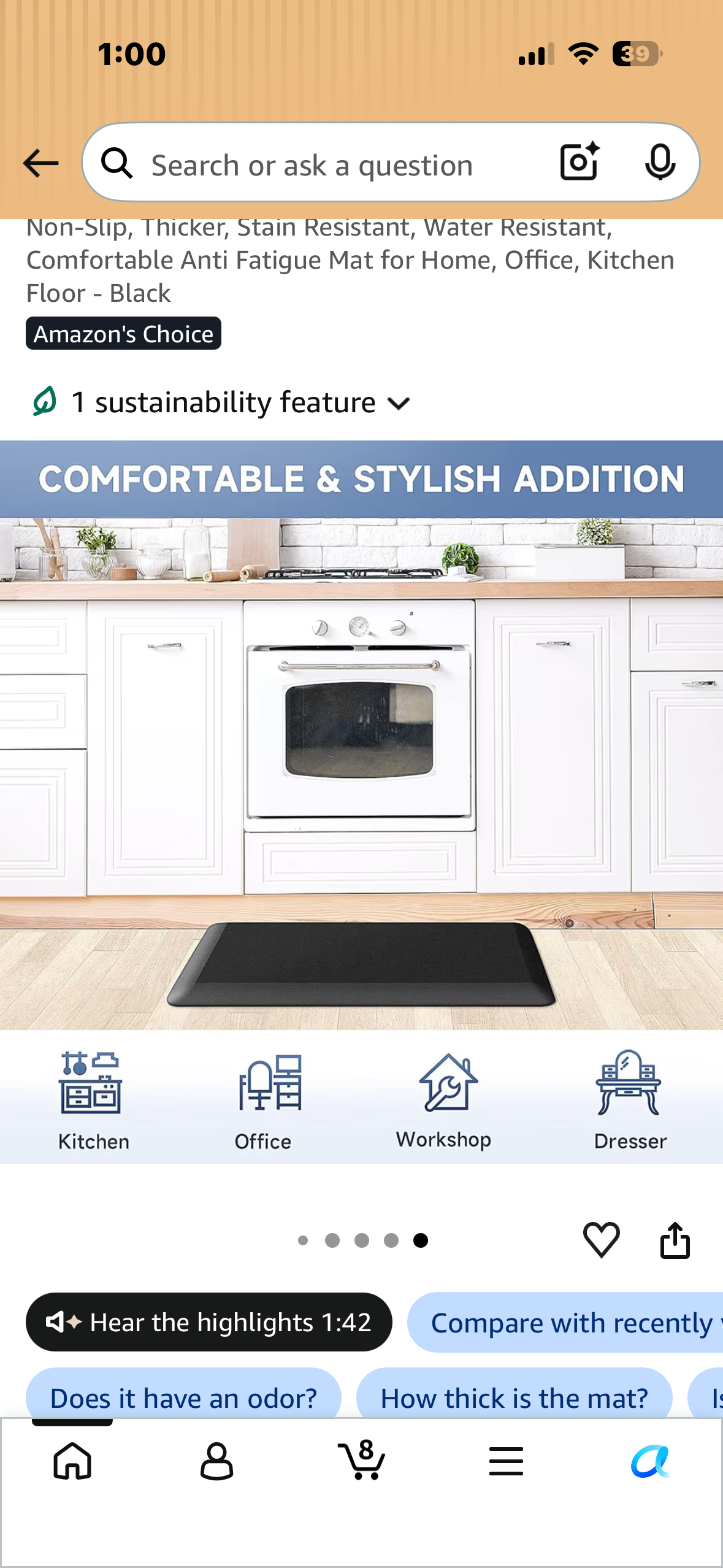 28”x 17”x 4/5” Thick Anti Fatigue Mat for Home, Office, Kitchen Floor, Non-Slip, Thicker, Stain Resistant, Water Resistant, Comfortable - Black