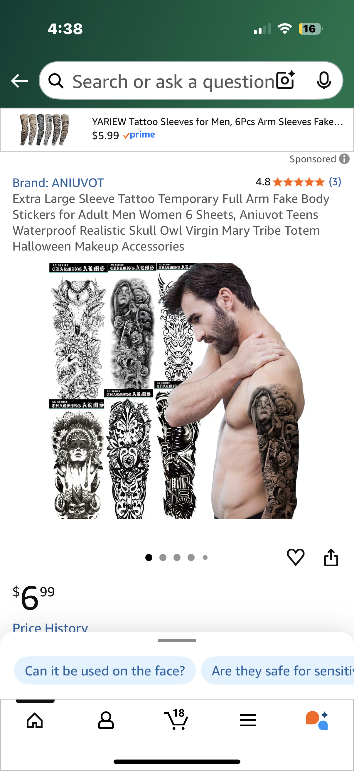 Extra Large Sleeve Tattoo Temporary Full Arm Fake Body Stickers for Adult Men Women 6 Sheets, Aniuvot Teens Waterproof Realistic Skull Owl Virgin Mary Tribe Totem Halloween Makeup Accessories