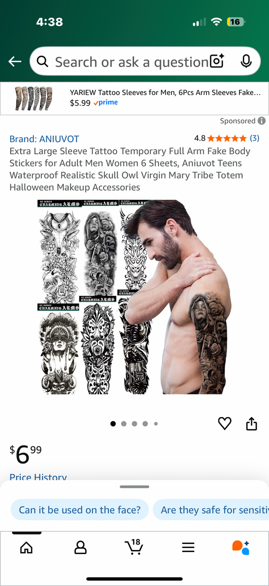 Extra Large Sleeve Tattoo Temporary Full Arm Fake Body Stickers for Adult Men Women 6 Sheets, Aniuvot Teens Waterproof Realistic Skull Owl Virgin Mary Tribe Totem Halloween Makeup Accessories