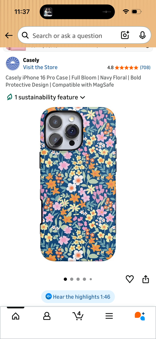 Casely iPhone 16 Pro Case | Full Bloom | Navy Floral | Bold Protective Design | Compatible with MagSafe