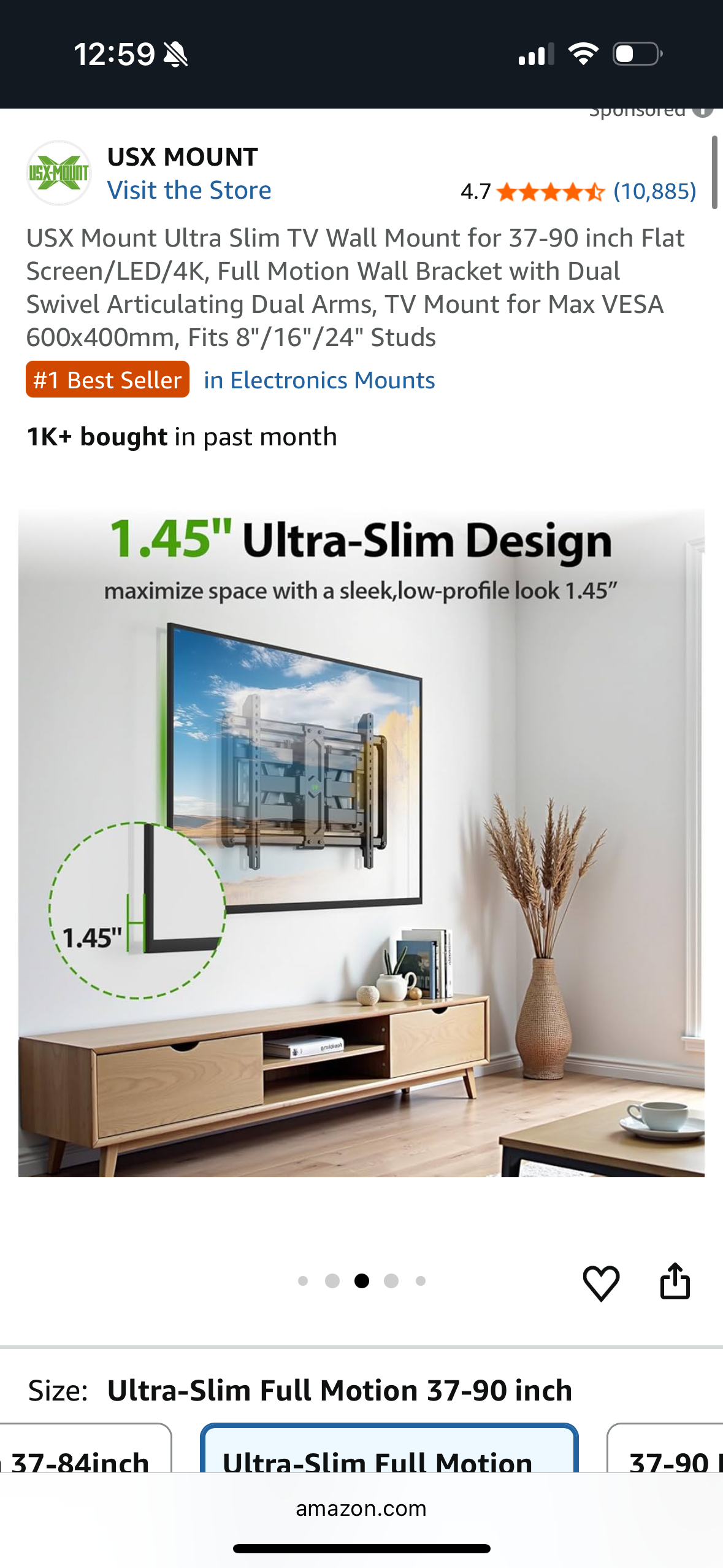 USX Mount Ultra Slim TV Wall Mount for 37-90 inch Flat Screen/LED/4K, Full Motion Wall Bracket with Dual Swivel Articulating Dual Arms, TV Mount for Max VESA 600x400mm, Fits 8"/16"/24" Studs