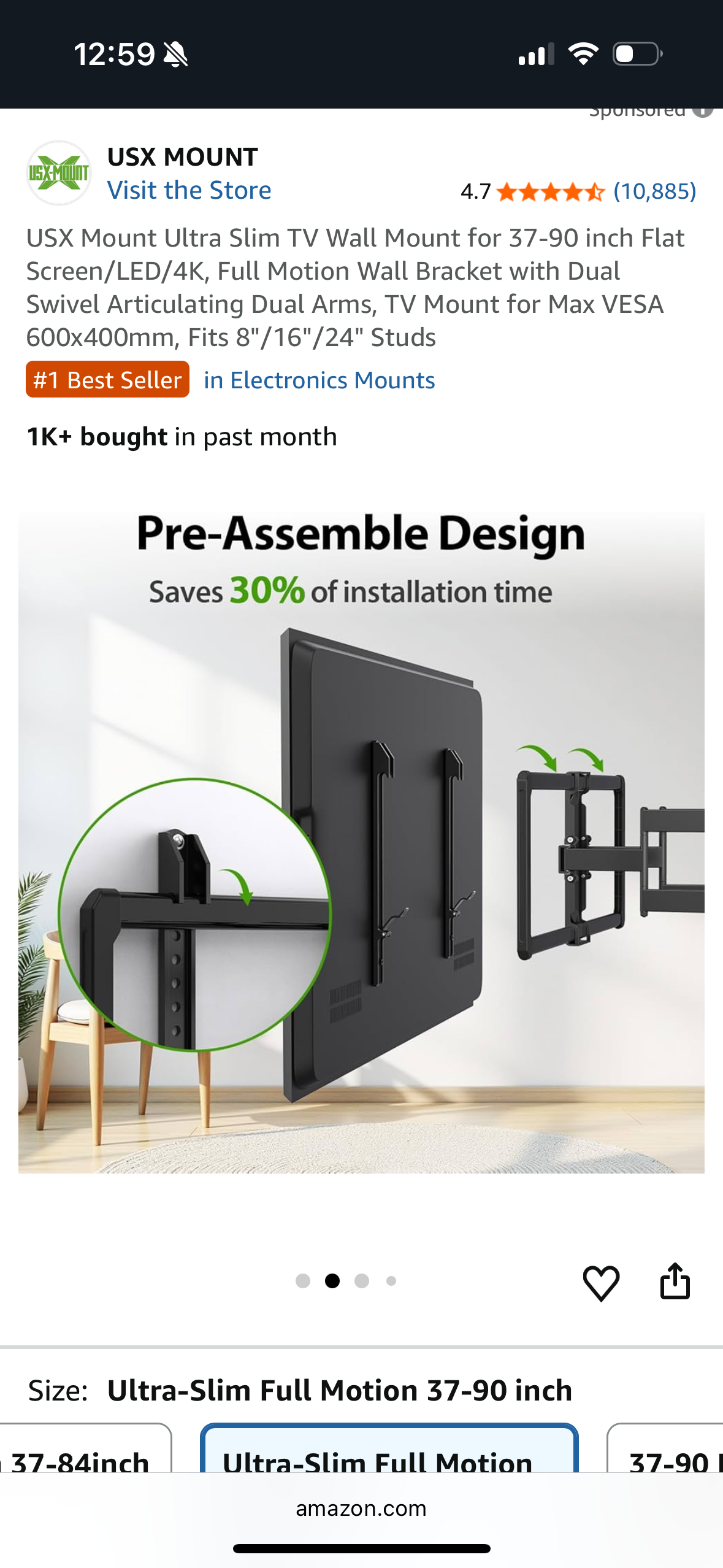 USX Mount Ultra Slim TV Wall Mount for 37-90 inch Flat Screen/LED/4K, Full Motion Wall Bracket with Dual Swivel Articulating Dual Arms, TV Mount for Max VESA 600x400mm, Fits 8"/16"/24" Studs