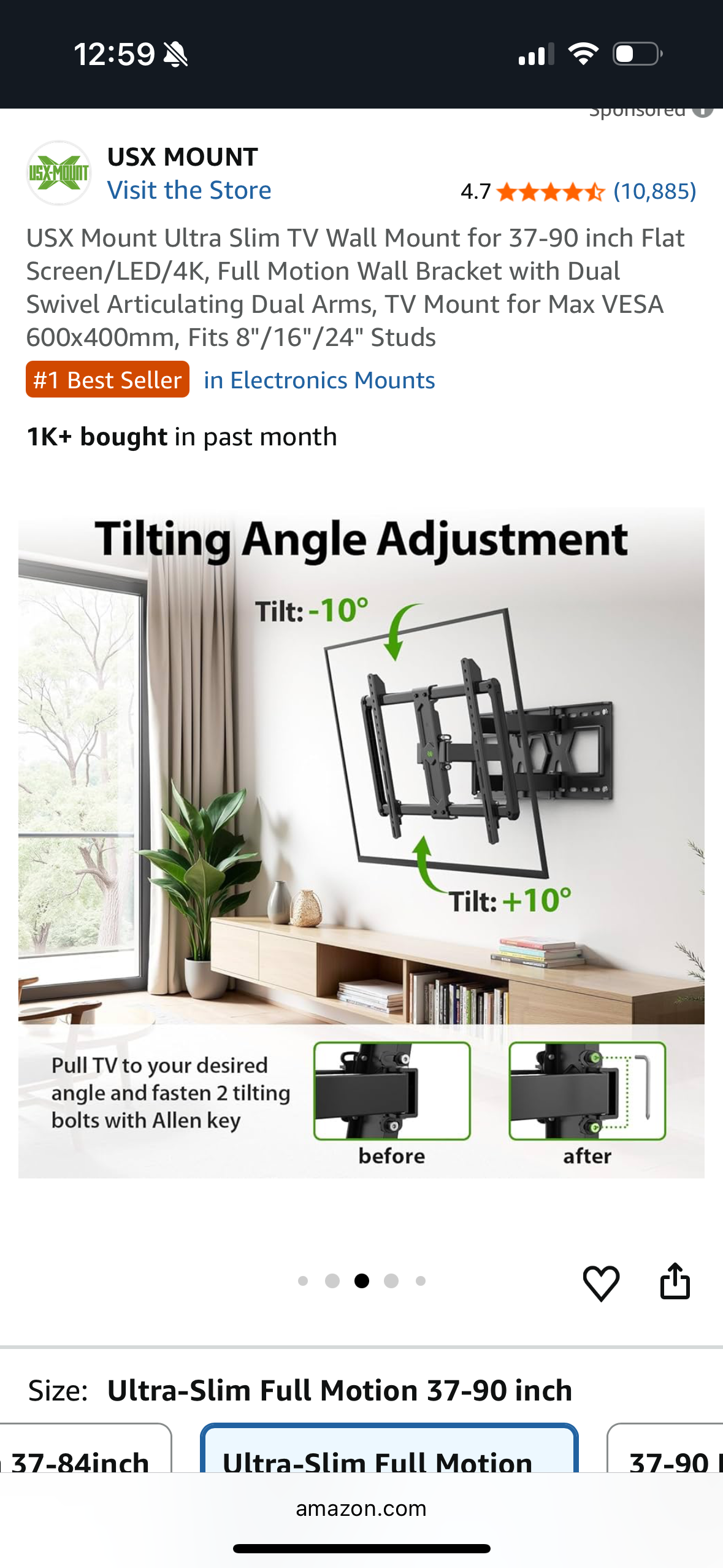 USX Mount Ultra Slim TV Wall Mount for 37-90 inch Flat Screen/LED/4K, Full Motion Wall Bracket with Dual Swivel Articulating Dual Arms, TV Mount for Max VESA 600x400mm, Fits 8"/16"/24" Studs