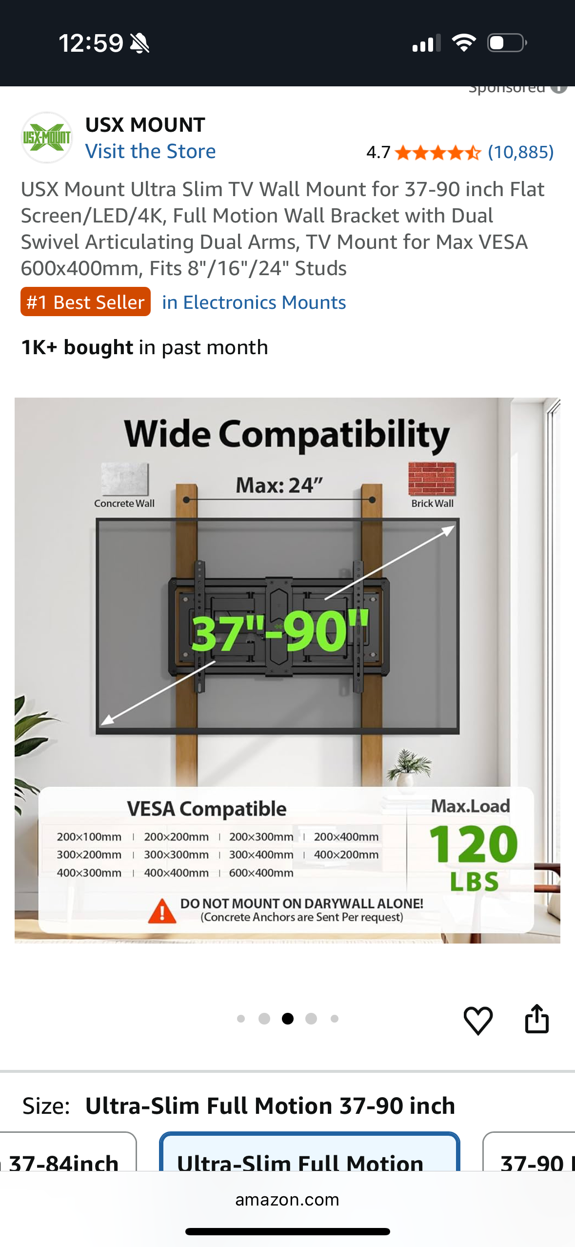 USX Mount Ultra Slim TV Wall Mount for 37-90 inch Flat Screen/LED/4K, Full Motion Wall Bracket with Dual Swivel Articulating Dual Arms, TV Mount for Max VESA 600x400mm, Fits 8"/16"/24" Studs