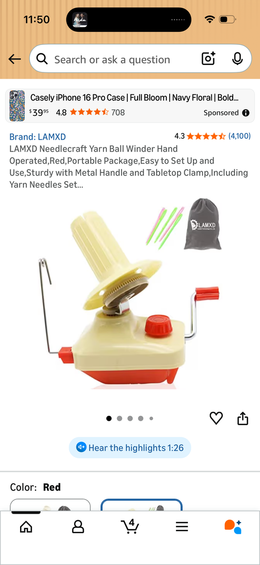 LAMXD Needlecraft Yarn Ball Winder Hand Operated, Red, Portable Package, Easy to Set Up and Use, Sturdy with Metal Handle and Tabletop Clamp, Including Yarn Needles Set