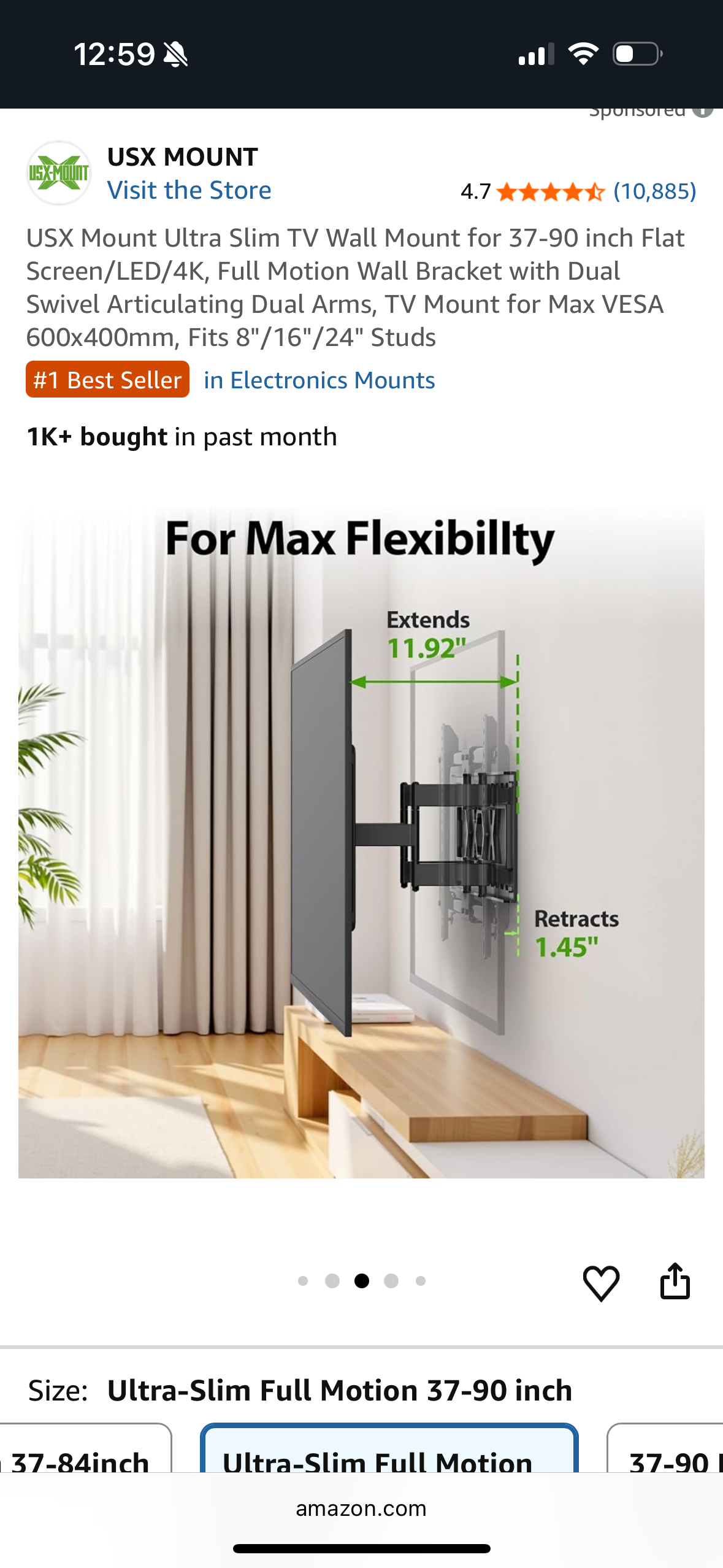 USX Mount Ultra Slim TV Wall Mount for 37-90 inch Flat Screen/LED/4K, Full Motion Wall Bracket with Dual Swivel Articulating Dual Arms, TV Mount for Max VESA 600x400mm, Fits 8"/16"/24" Studs